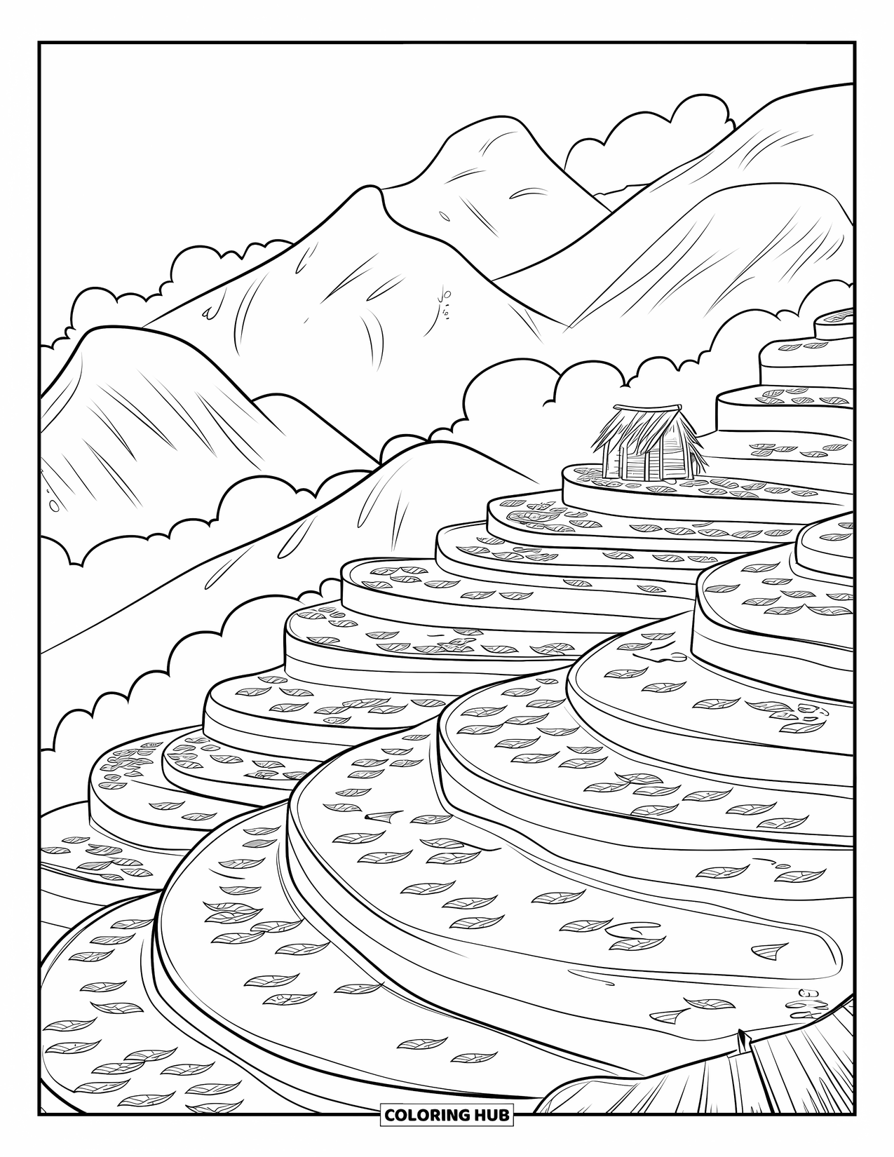 Landscape Scenery Coloring Page for Kids: A mountain terrace scene with curved pools, leaves, and a small hut