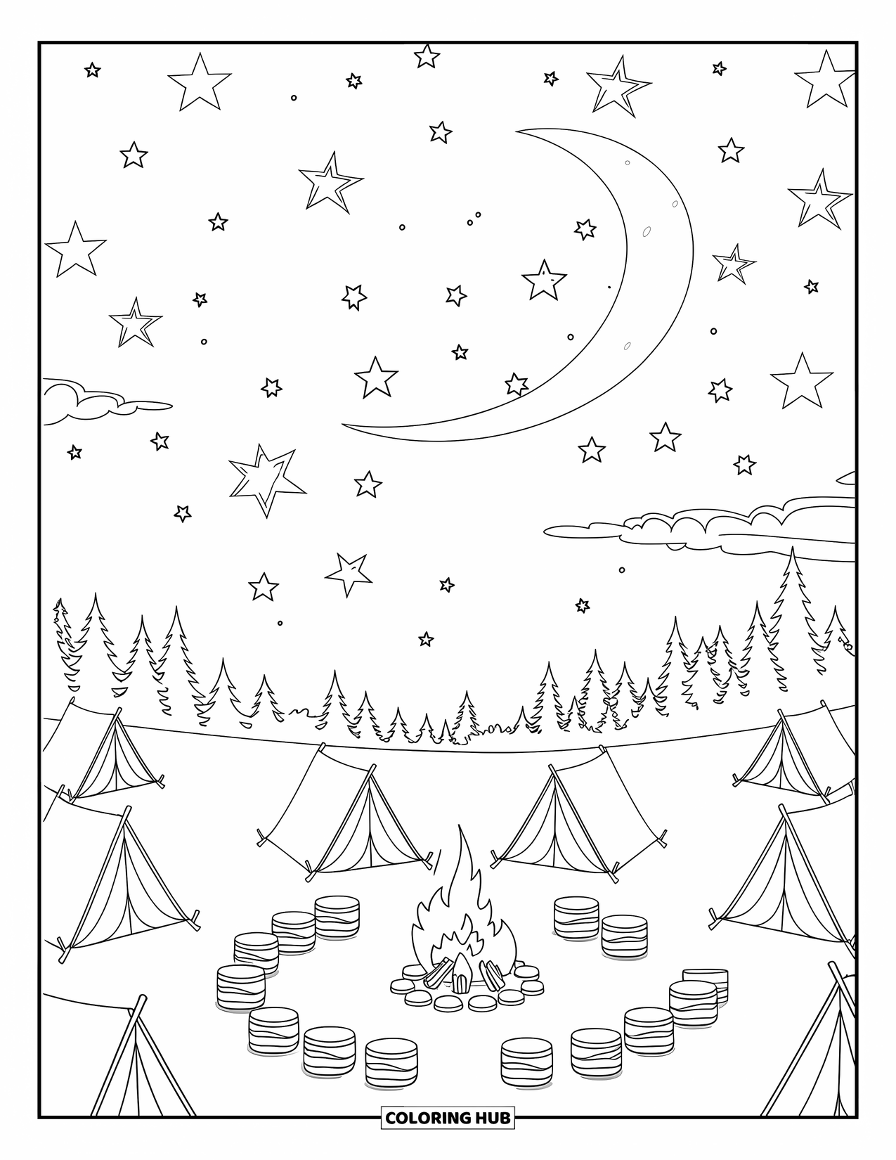 Landscape Scenery Coloring Page for Kids: A night meadow with tents, a glowing fire, and twinkling stars