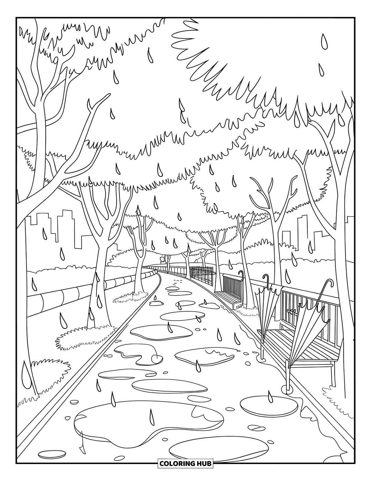 Landscape Scenery Coloring Page for Kids: A peaceful rainy walkway lined with trees and mirrored puddles