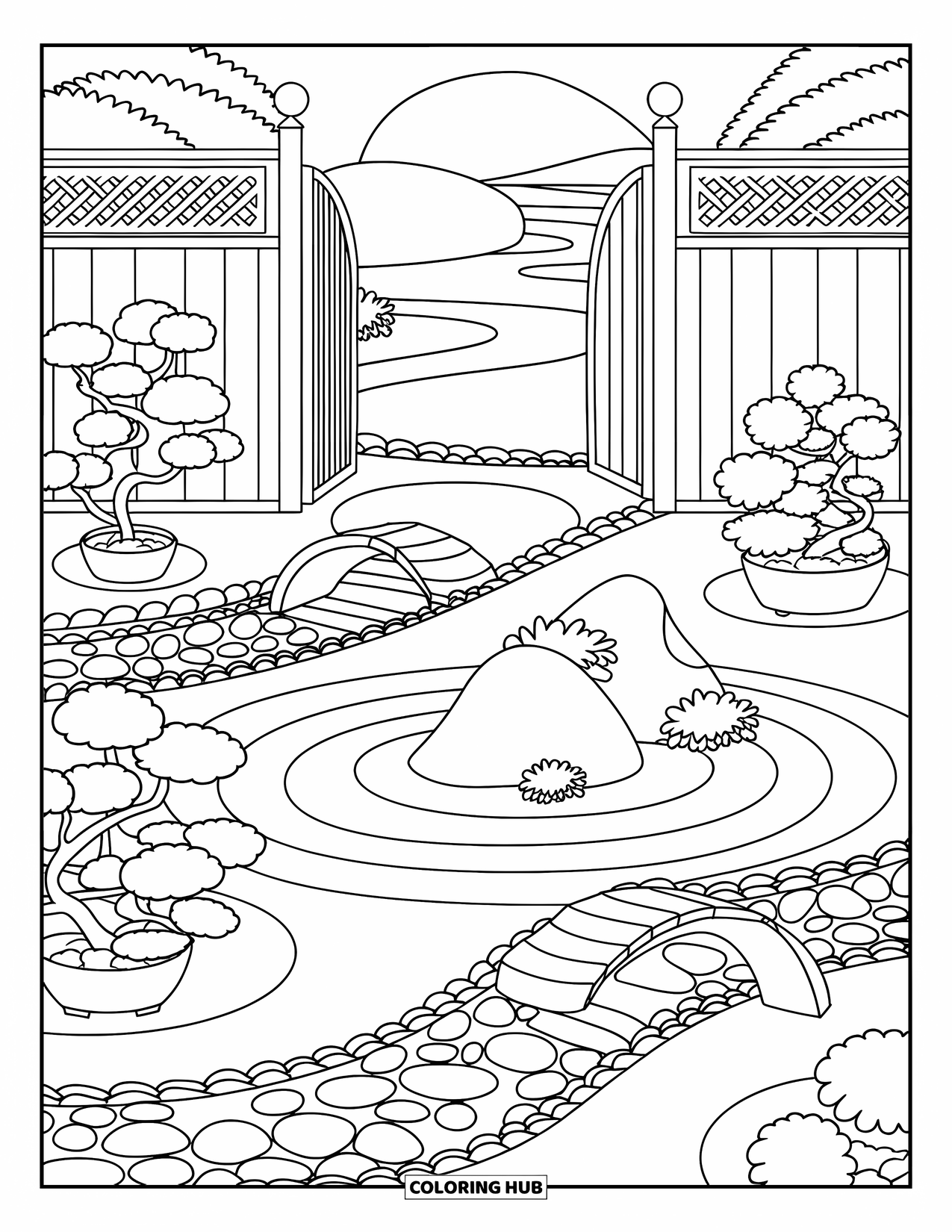 Landscape Scenery Coloring Page for Kids: A peaceful zen garden with raked sand, stones, and curved bridges