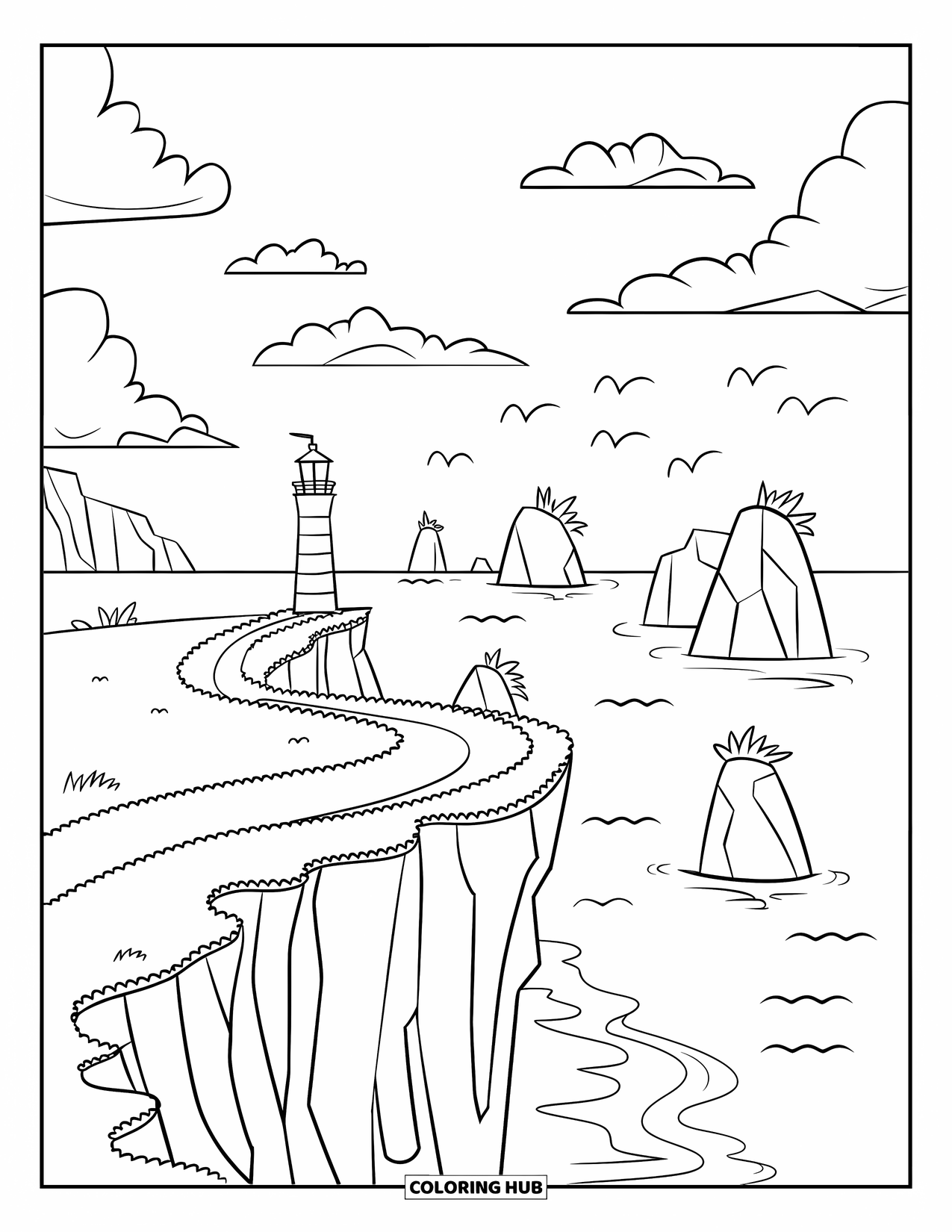 Landscape Scenery Coloring Page for Kids: A playful ocean cliff scene with a lighthouse and distant rocks