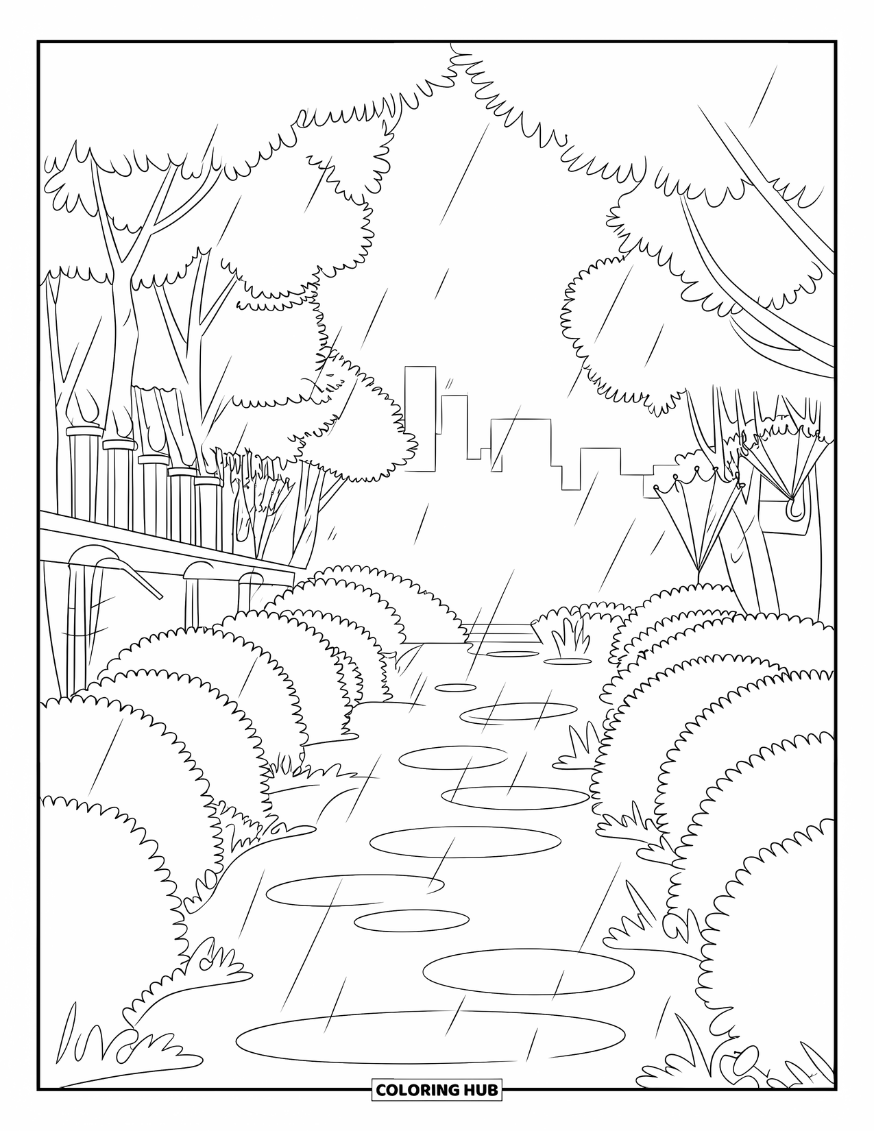Landscape Scenery Coloring Page for Kids: A rainy park path with umbrellas and leafy trees reflected in puddles