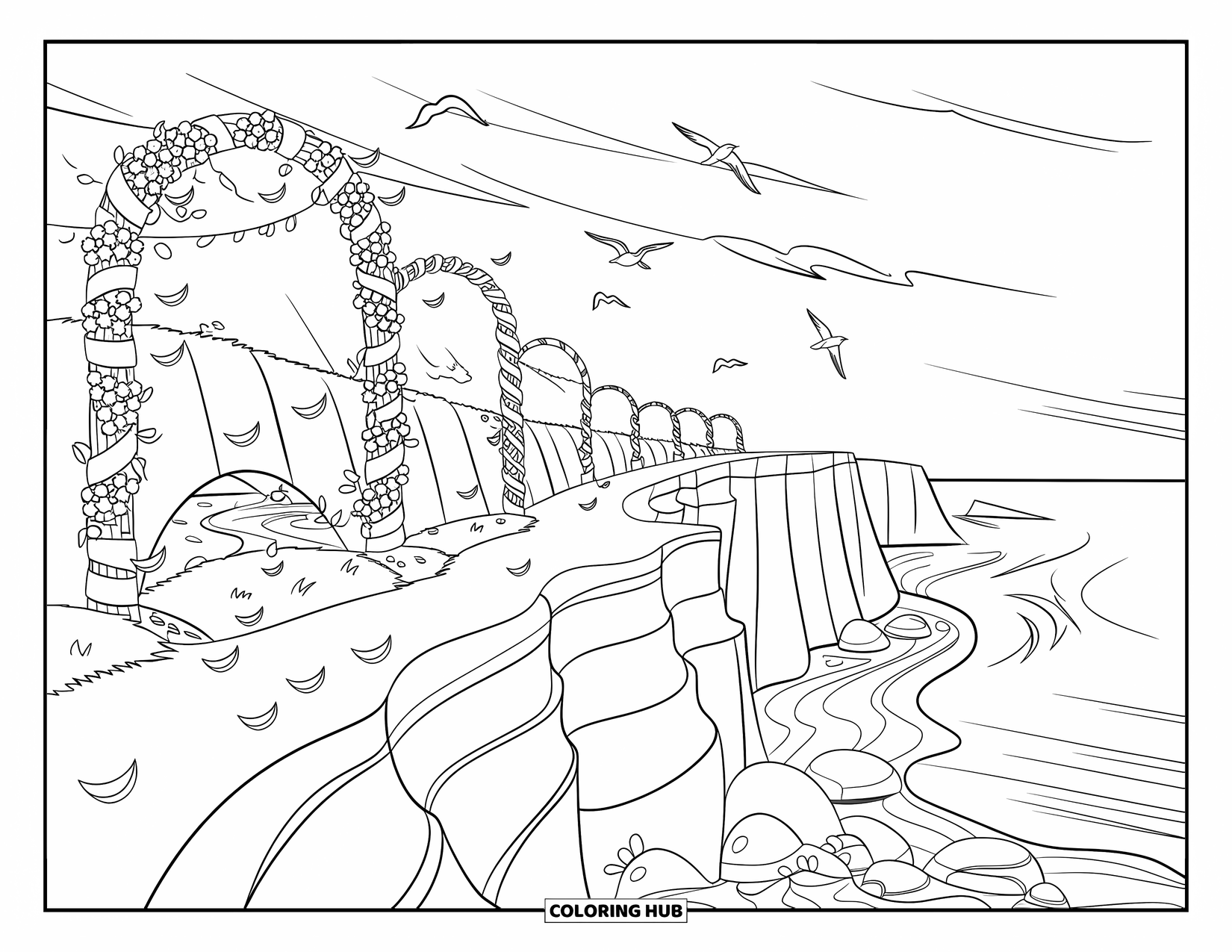 Landscape Scenery Coloring Page for Kids: A scenic cliff walkway with flower arches, tide pools, and ocean breezes