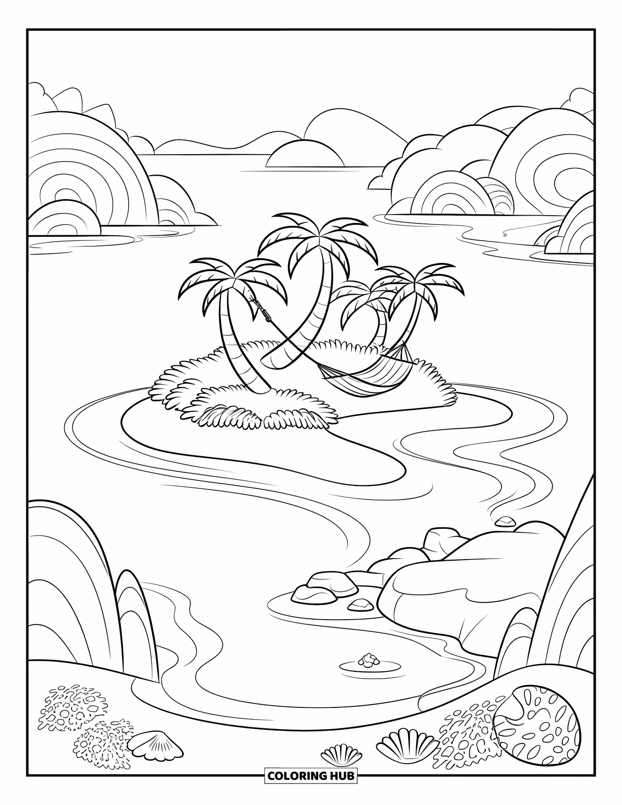 Landscape Scenery Coloring Page for Kids: A small island with palm trees, a hammock, and gentle lagoon waves