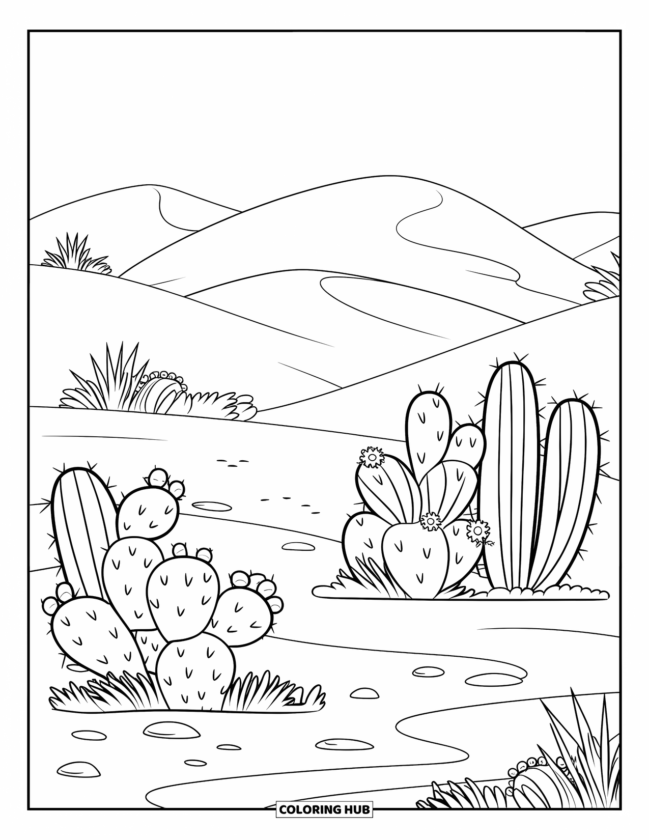 Landscape Scenery Coloring Page for Kids: A soft desert landscape with plump cacti and rolling sand hills