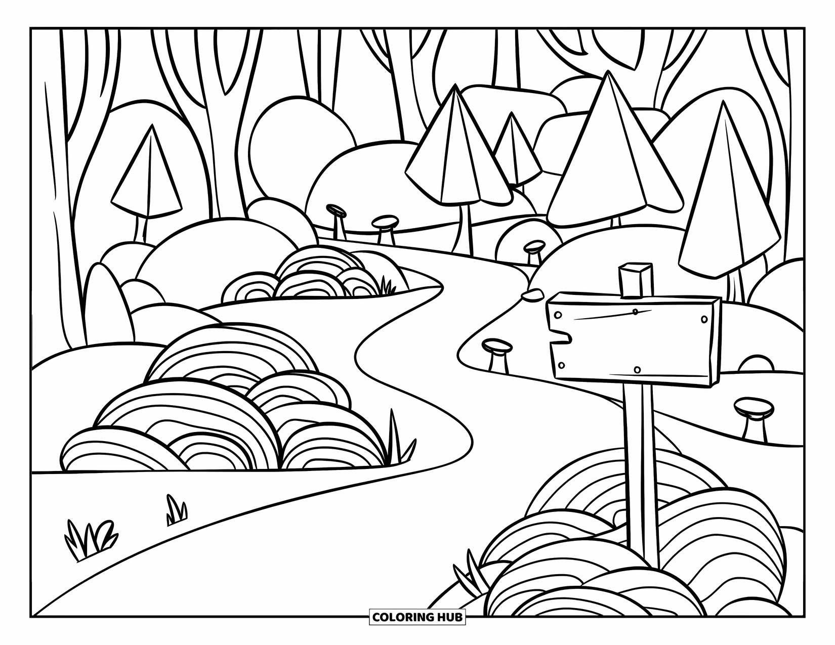 Landscape Scenery Coloring Page for Kids: A winding path through a small forest with leaf piles and mushrooms
