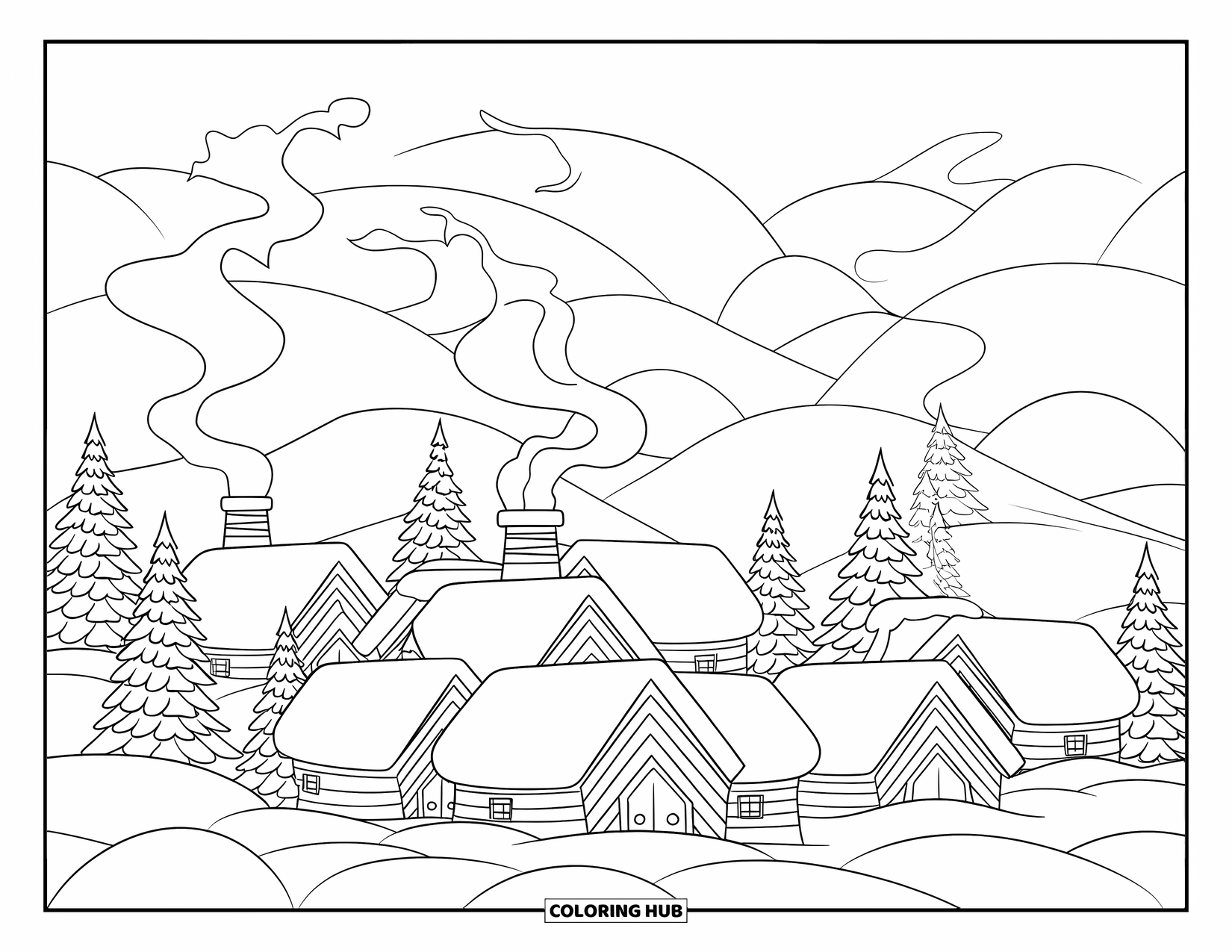Landscape Scenery Coloring Page for Kids: A winter village with snowy rooftops, chimneys, and pine-covered hills