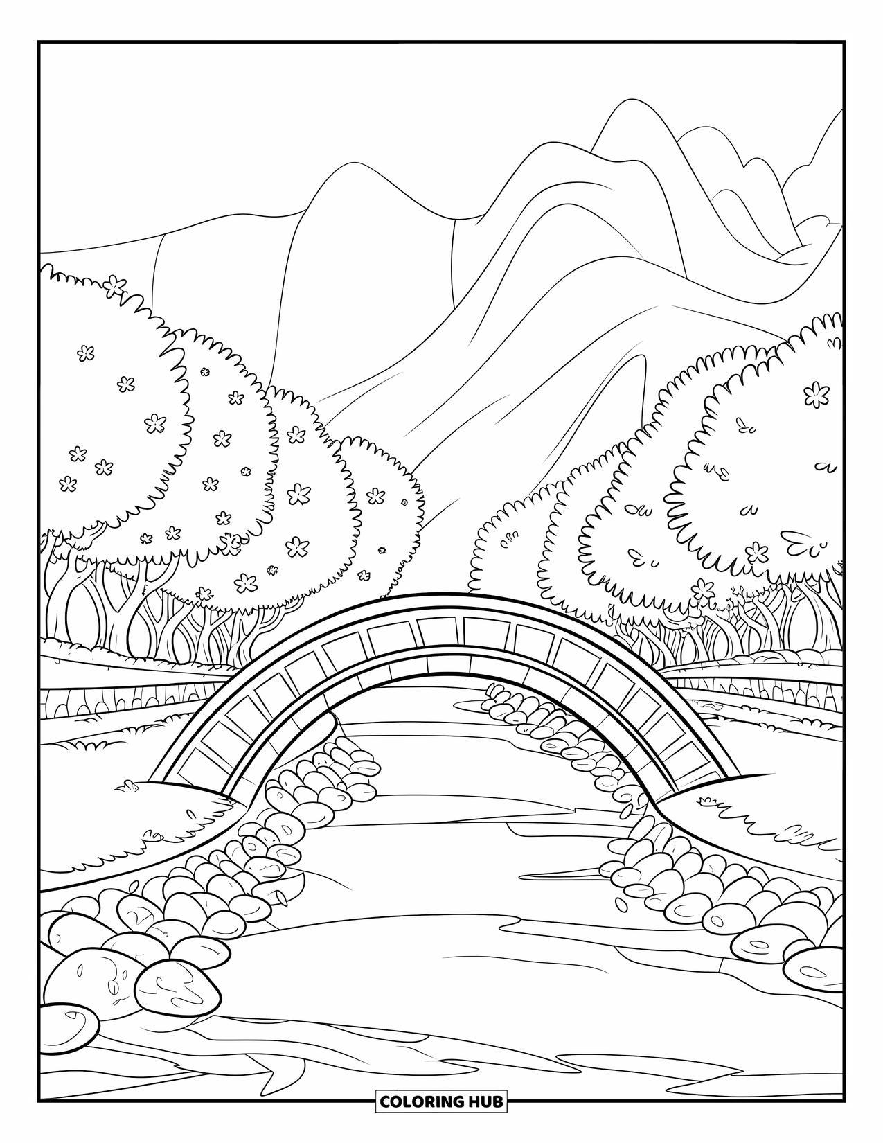Landscape Scenery Coloring Page for Kids: Cherry blossoms line a river with a wooden bridge and soft hills