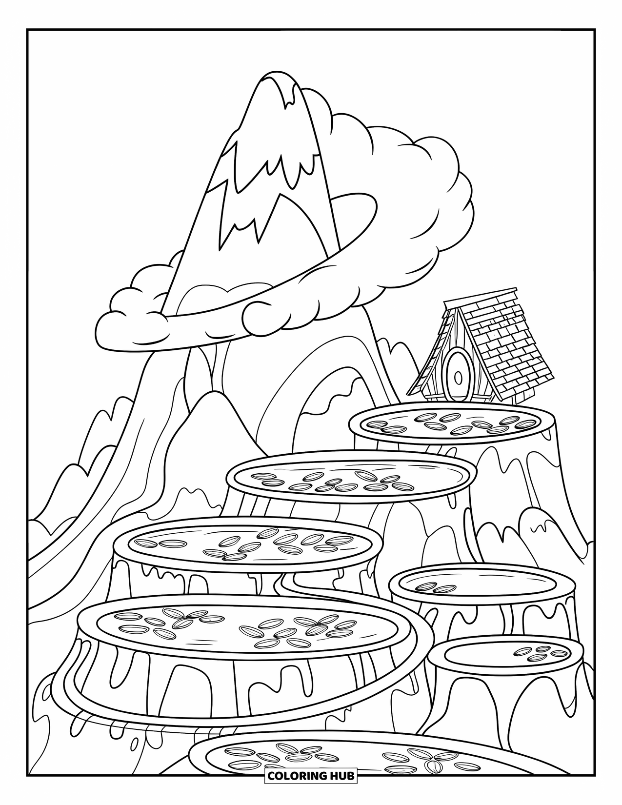 Landscape Scenery Coloring Page for Kids: Curved mountain terraces glisten with water and floating leaves