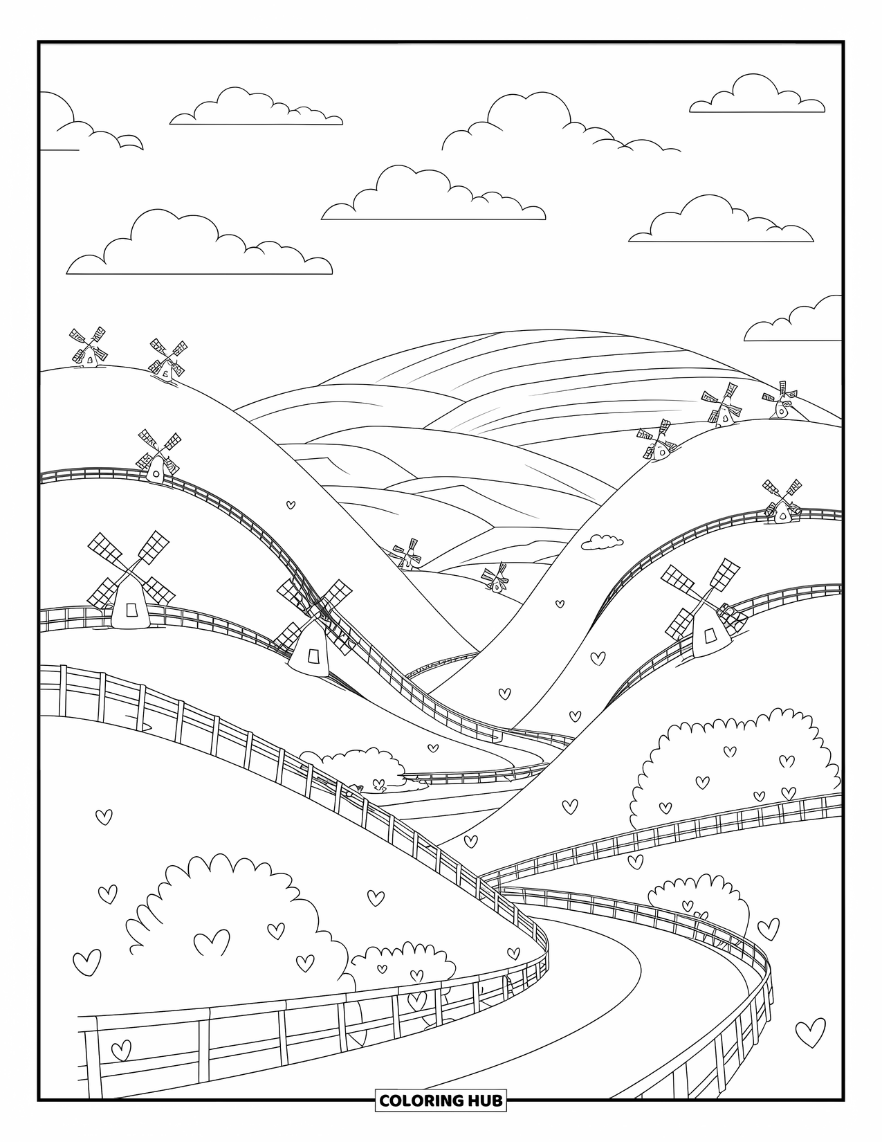 Landscape Scenery Coloring Page for Kids: Gentle hills with windmills, fences, and heart-leaf bushes