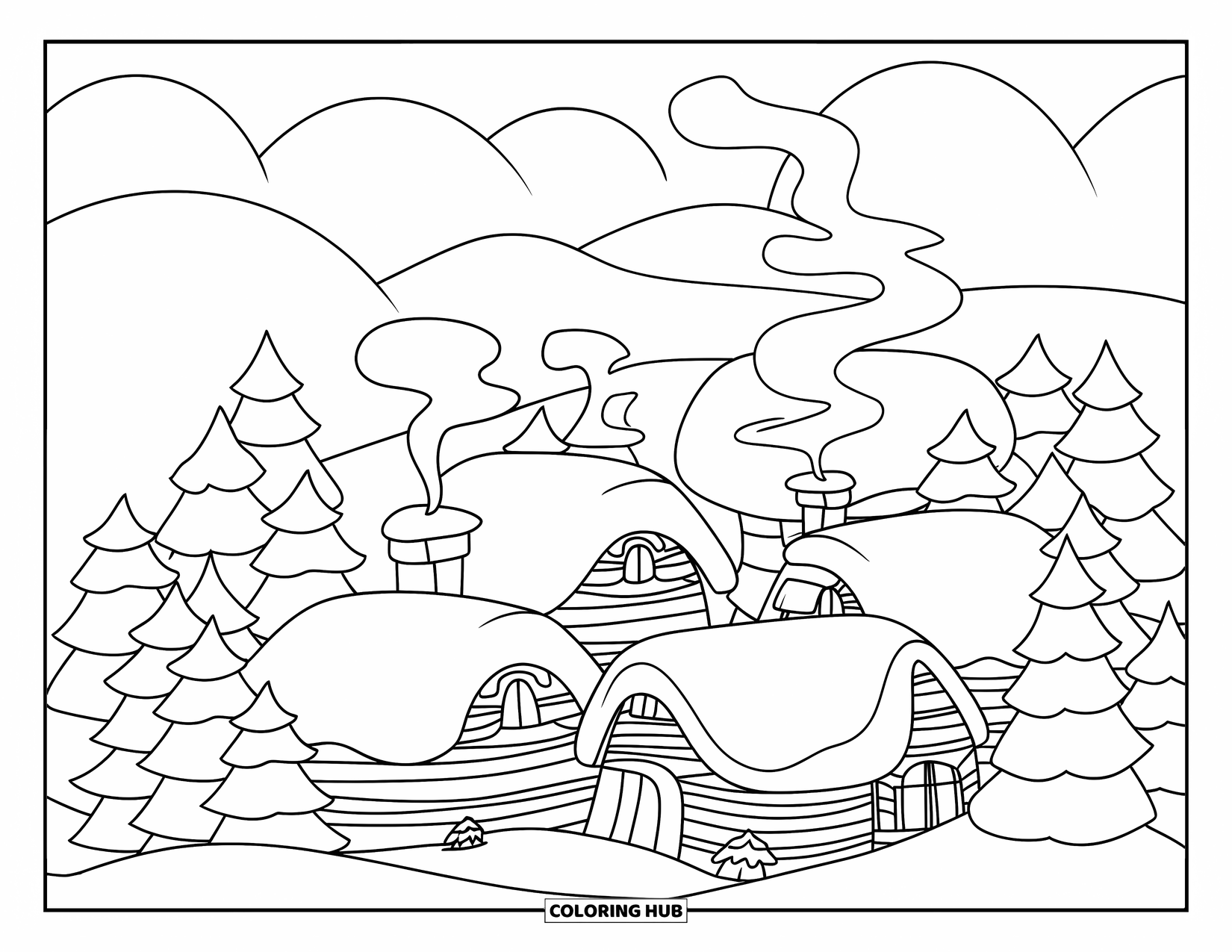 Landscape Scenery Coloring Page for Kids: Snow-covered cottages sit beneath rounded mountains and pine trees