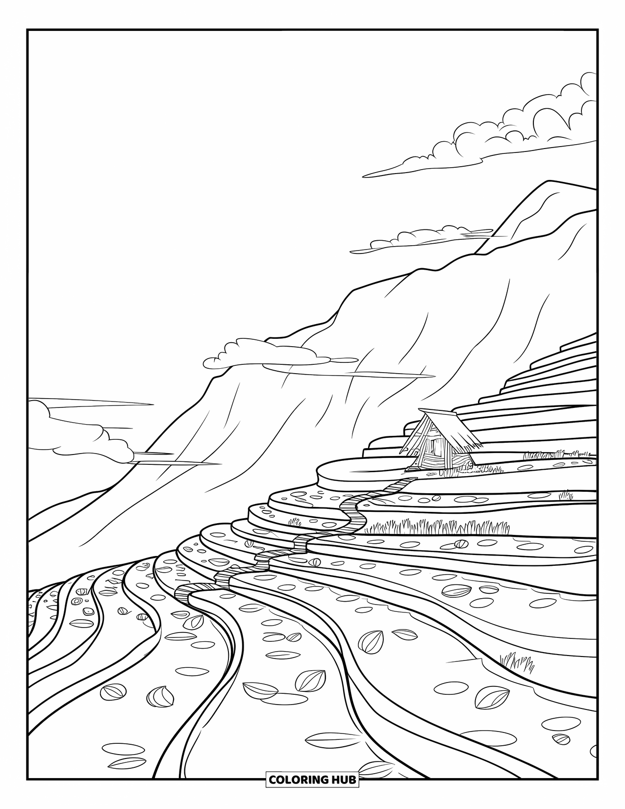Landscape Scenery Coloring Page for Kids: Stacked terraces wind down mountainsides with a hut and fluffy clouds