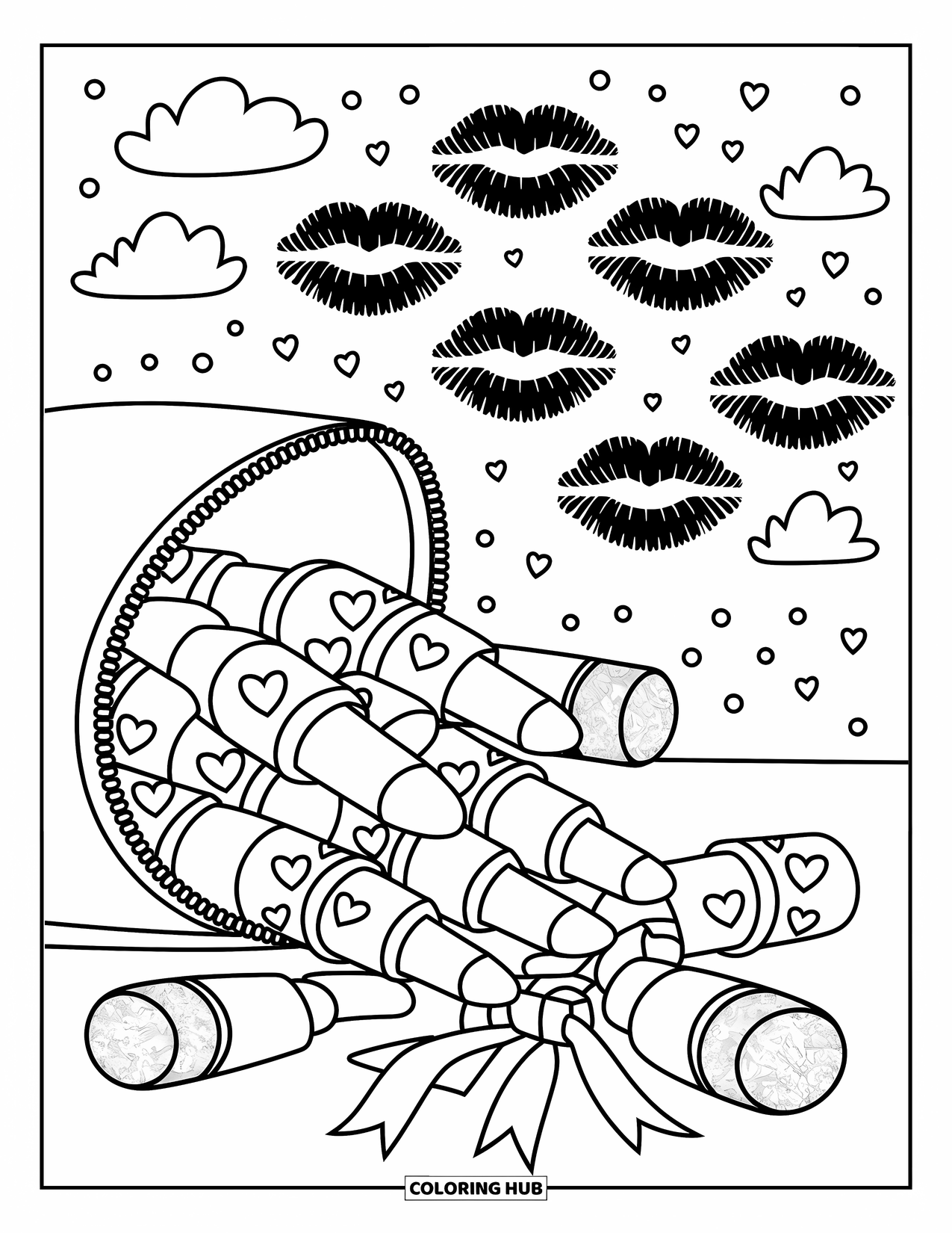 Lips Coloring Page for Adults: A cute makeup bag bursting with lipsticks, hearts, and kiss marks