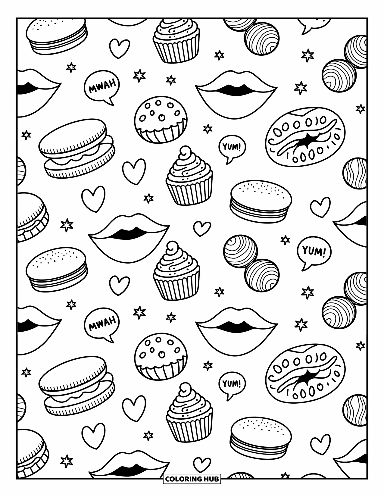 Lips Coloring Page for Adults: A repeating pattern of lips and candies with hearts and fun text bubbles
