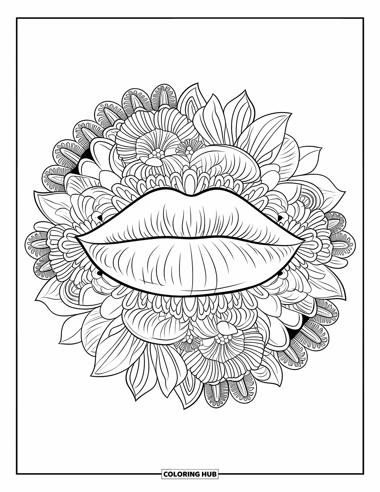 Lips Coloring Page for Adults: Closed lips surrounded by a floral mandala full of unique blooms