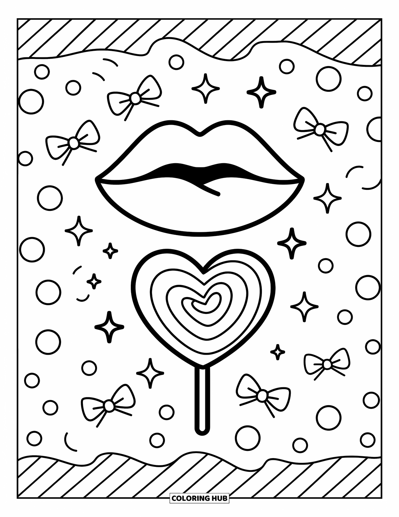 Lips Coloring Page for Adults: Cute lips with a heart lollipop amid dots, stars, and candy stripes