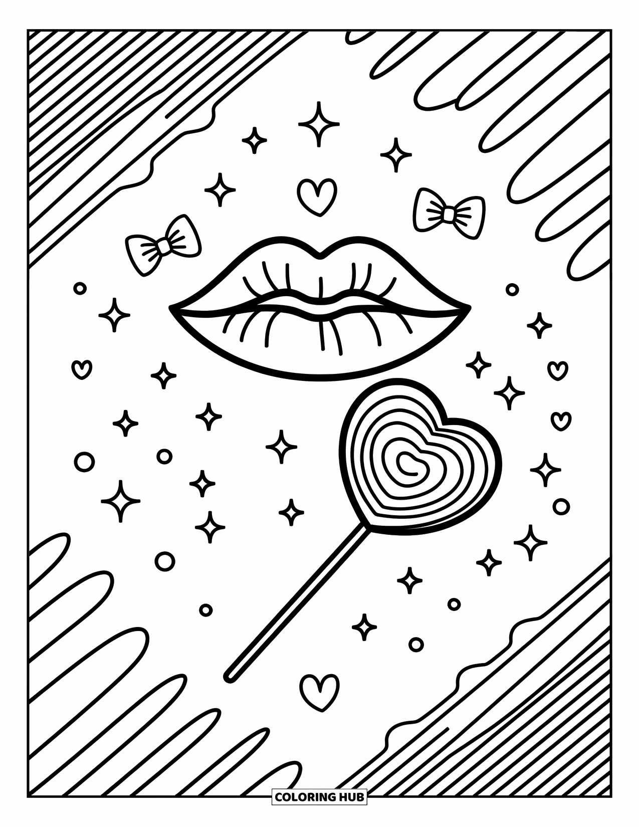 Lips Coloring Page for Adults: Lips and a heart lollipop surrounded by bows, sparkles, and stripes