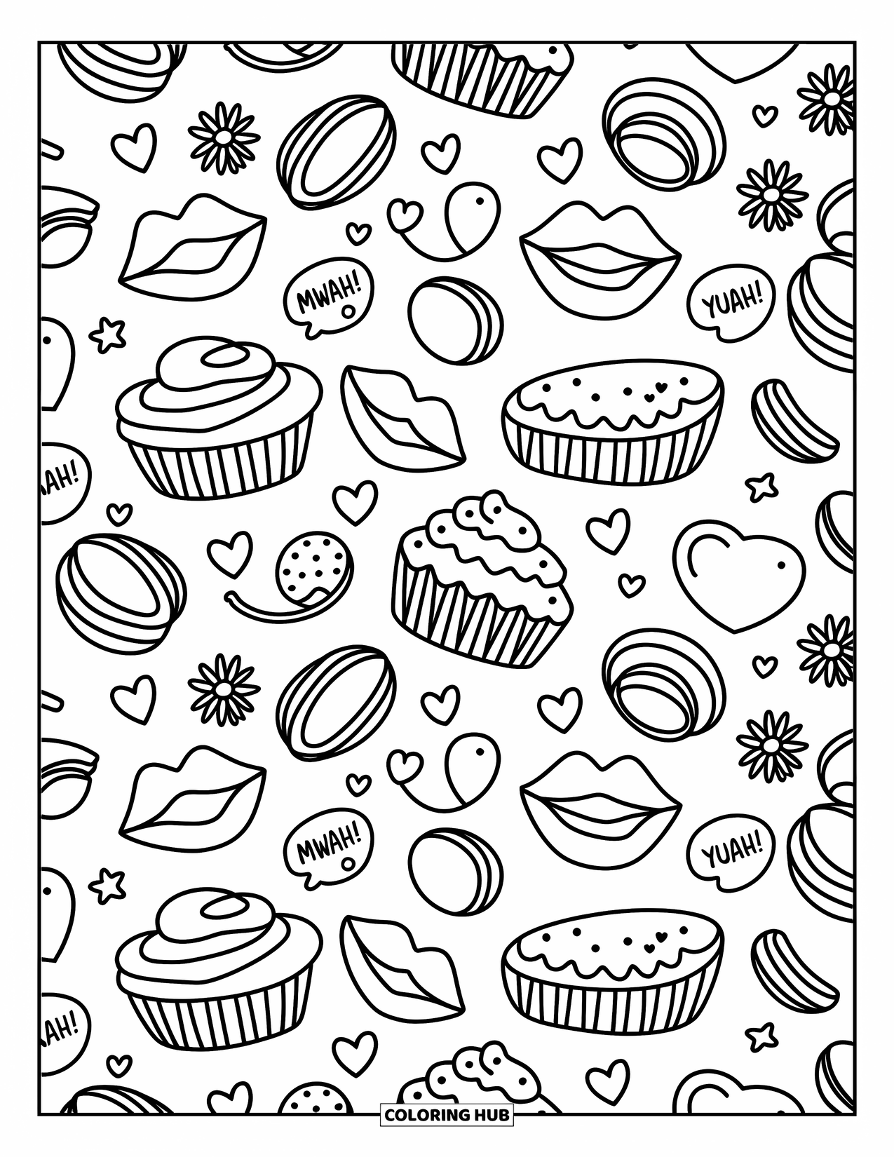 Lips Coloring Page for Adults: Lips and treats arranged diagonally with hearts and pastel-style stars
