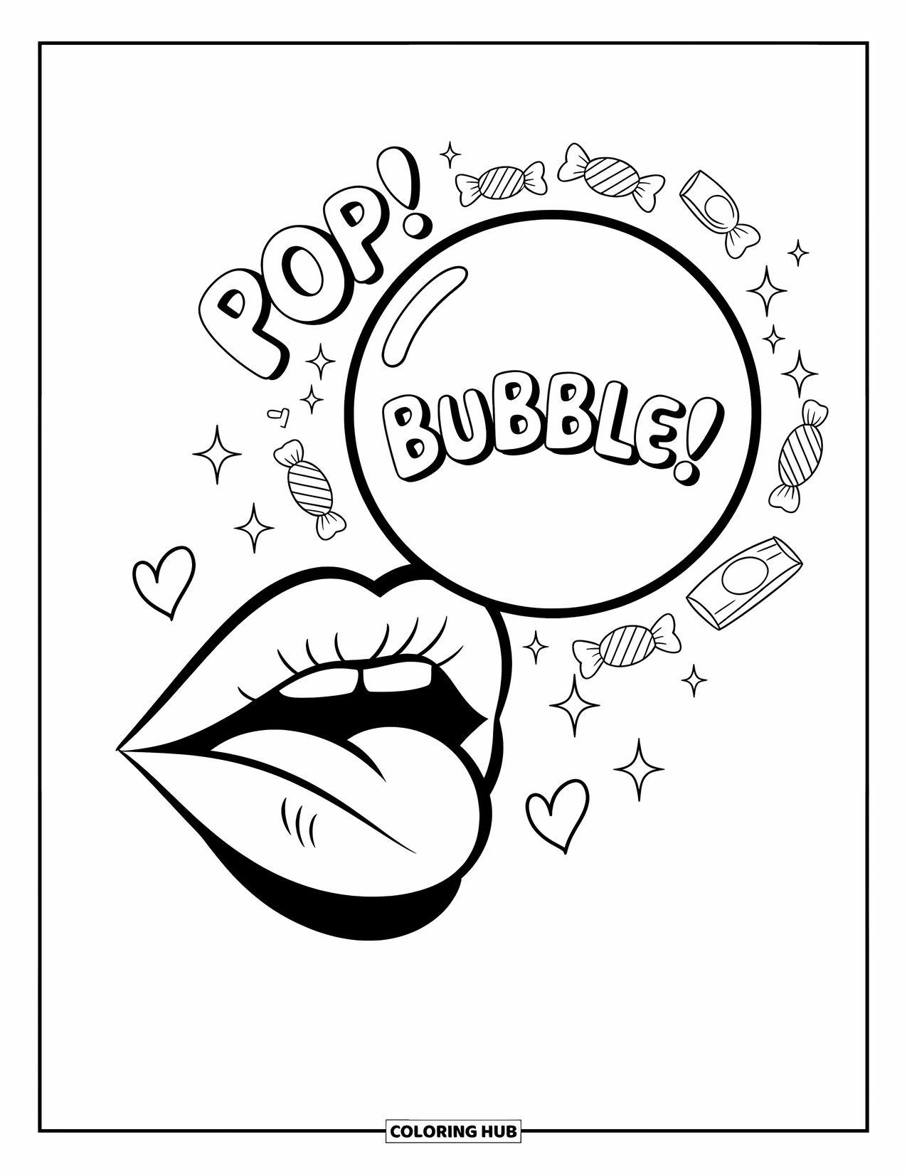 Lips Coloring Page for Adults: Lips blowing a huge bubble surrounded by "POP!" and candy doodles
