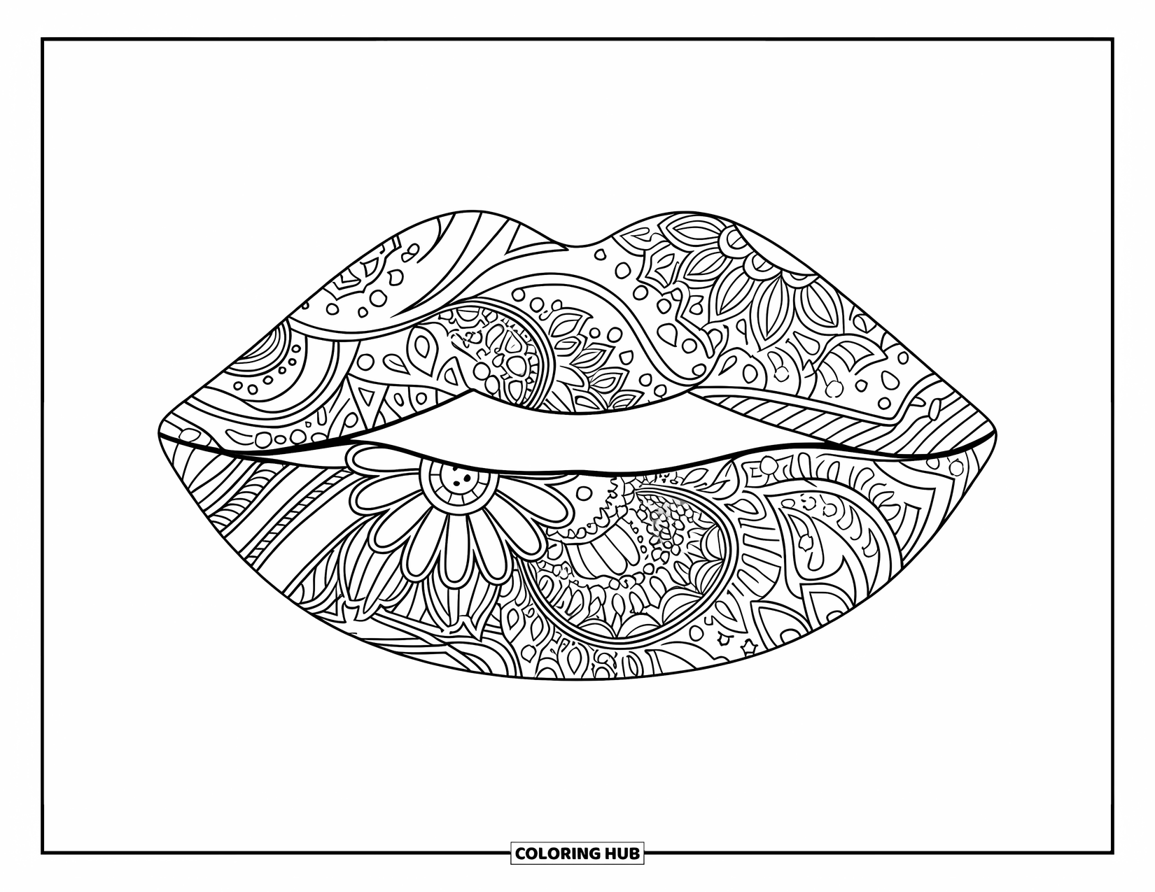 Lips Coloring Page for Adults: Lips decorated with floral and paisley patterns in a clean, elegant style