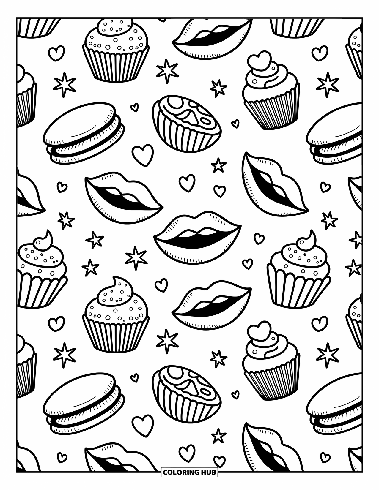 Lips Coloring Page for Adults: Playful lips and candies with hearts, cupcakes, and "mwah" bubbles