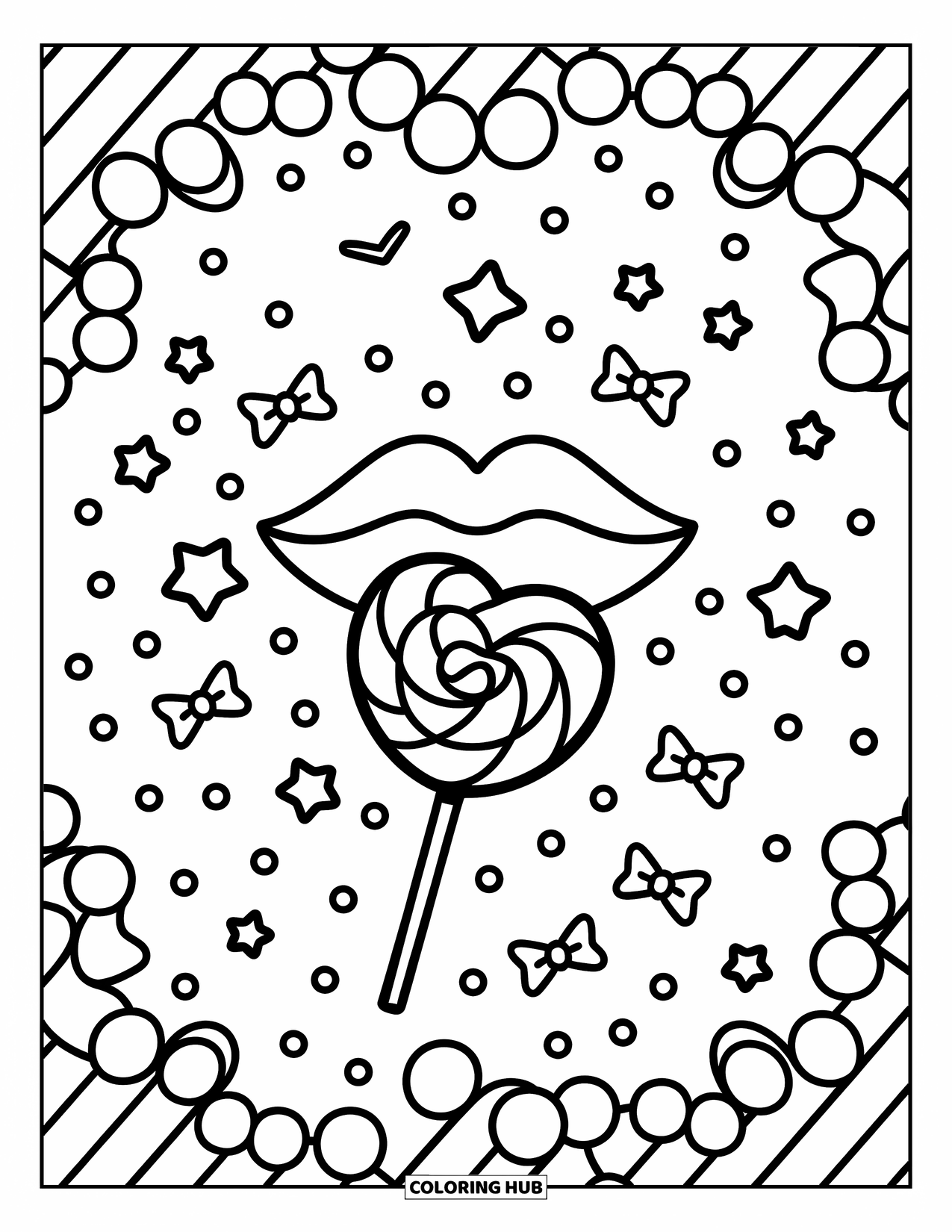 Lips Coloring Page for Adults: Puckered lips holding a heart-shaped lollipop among stars and bows