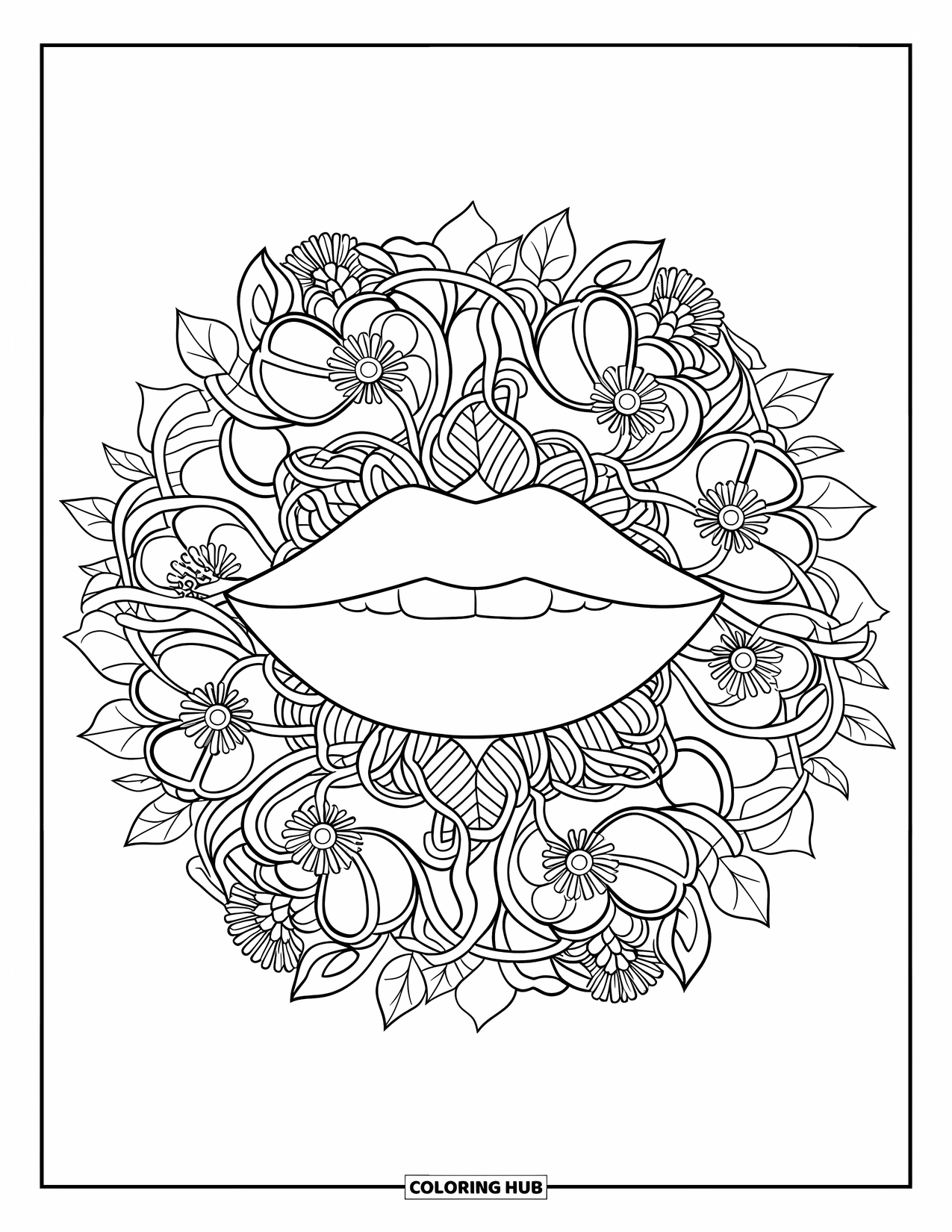 Lips Coloring Page for Adults: Realistic lips enclosed by a circular floral mandala