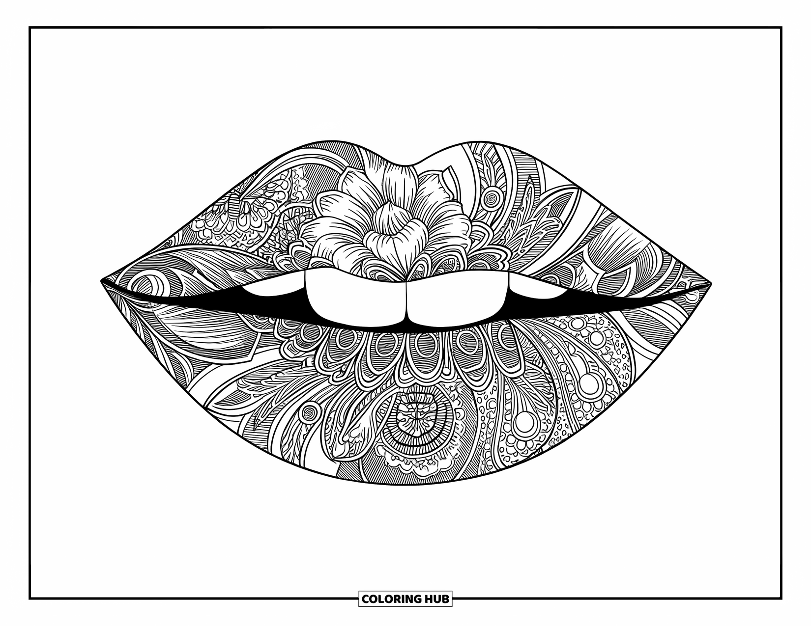Lips Coloring Page for Adults: Smiling lips covered in detailed floral and paisley designs