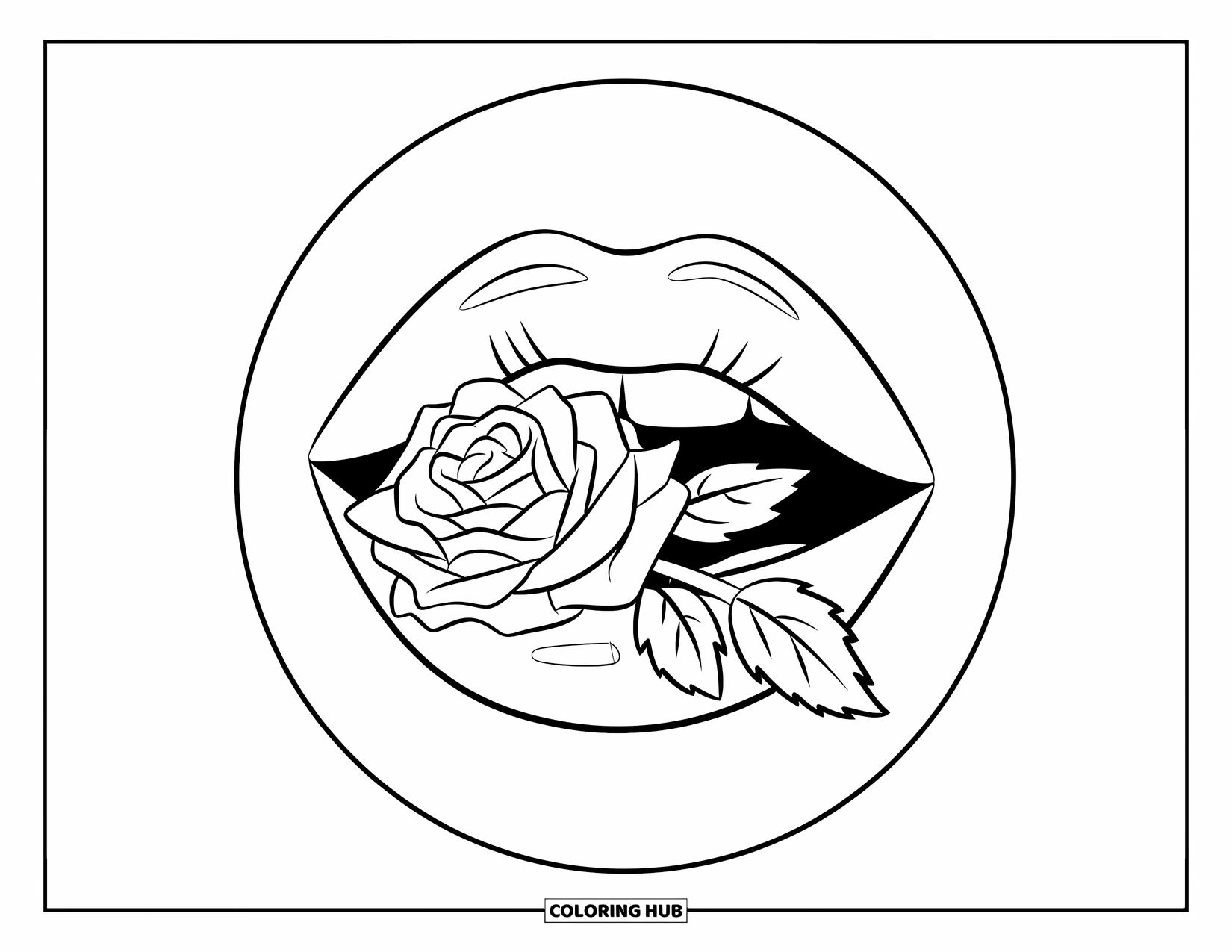 Lips Coloring Page for Kids: A glossy mouth biting a rose stem in a simple, elegant composition