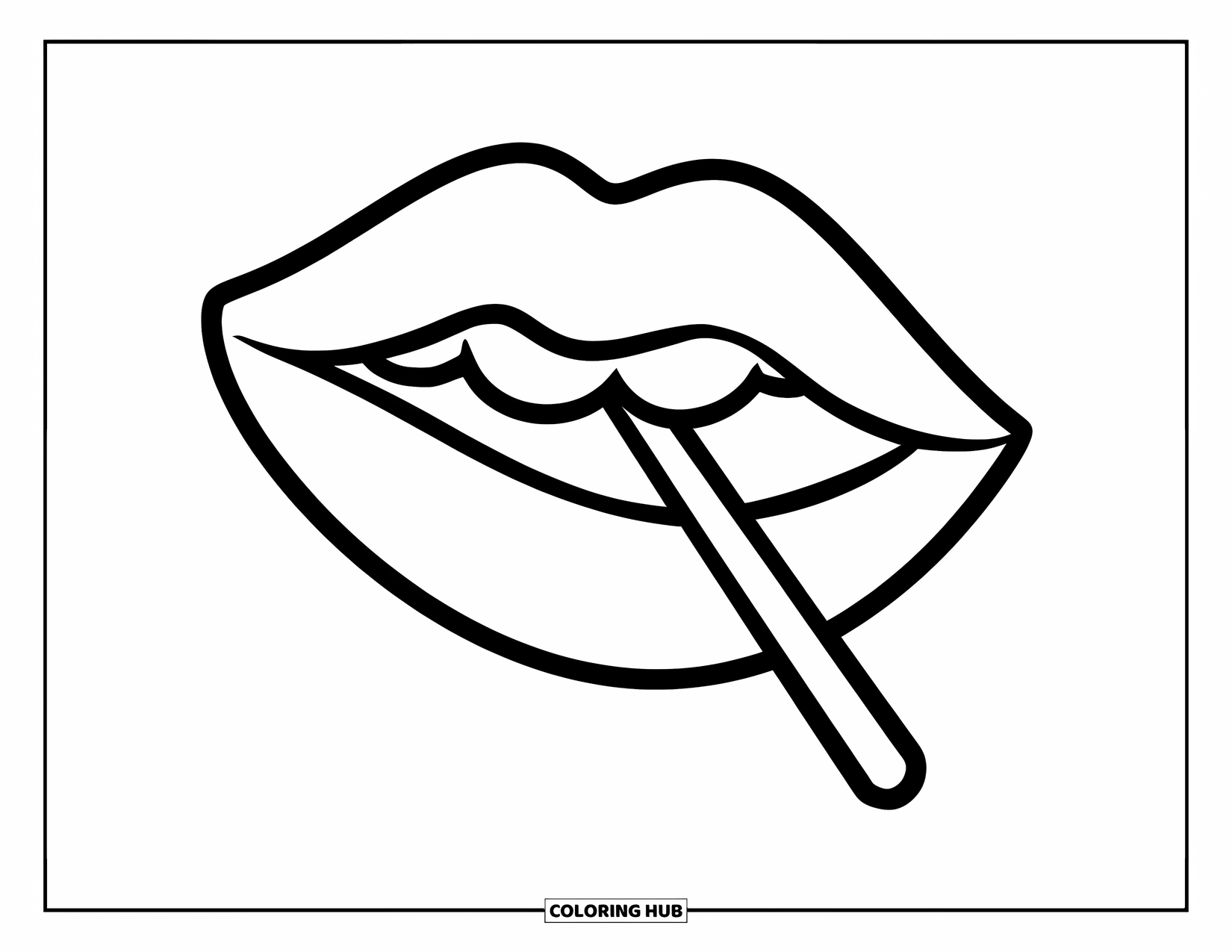 Lips Coloring Page for Kids: A pair of lips holding a lollipop stick with a bright smile