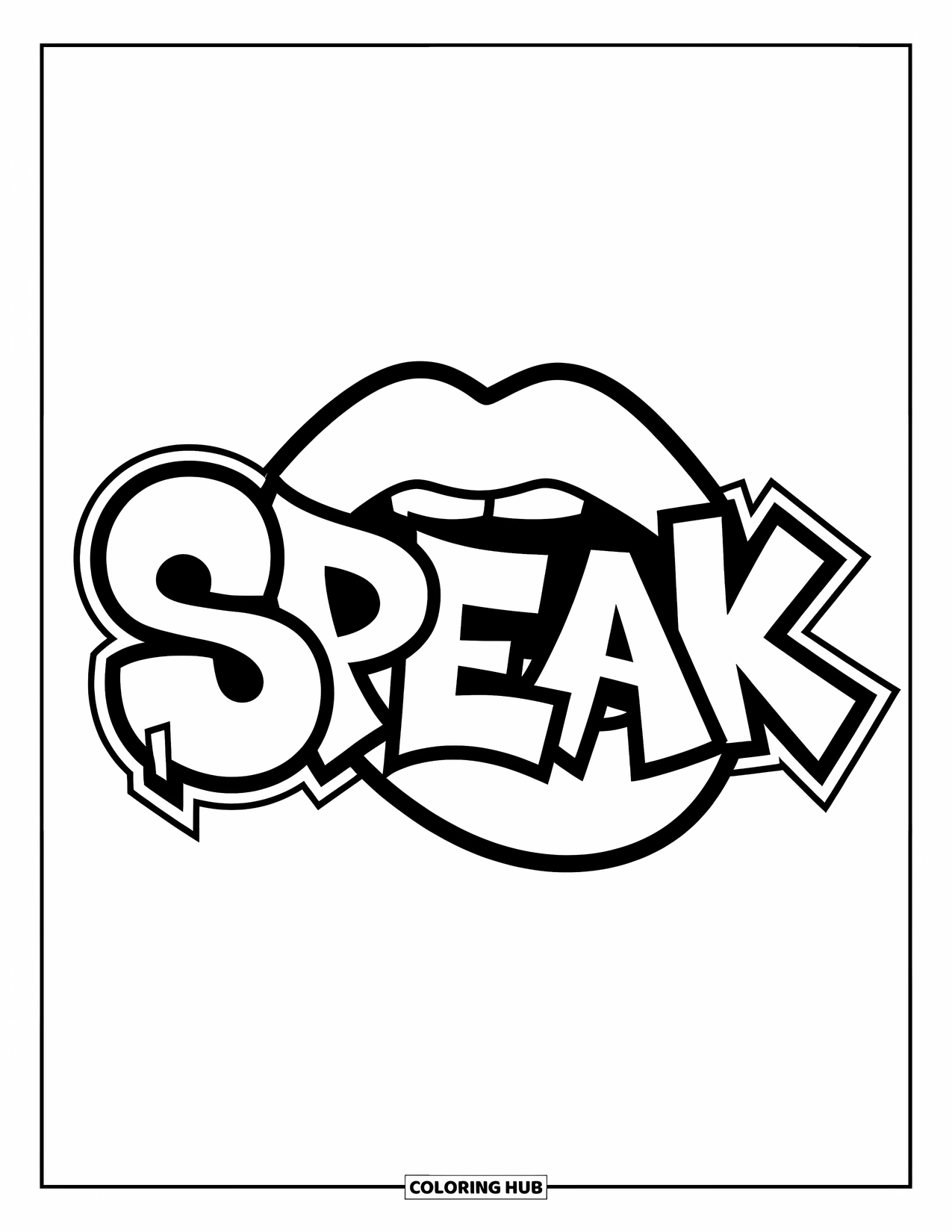 Lips Coloring Page for Kids: Expressive lips beside bold graffiti letters spelling "SPEAK"