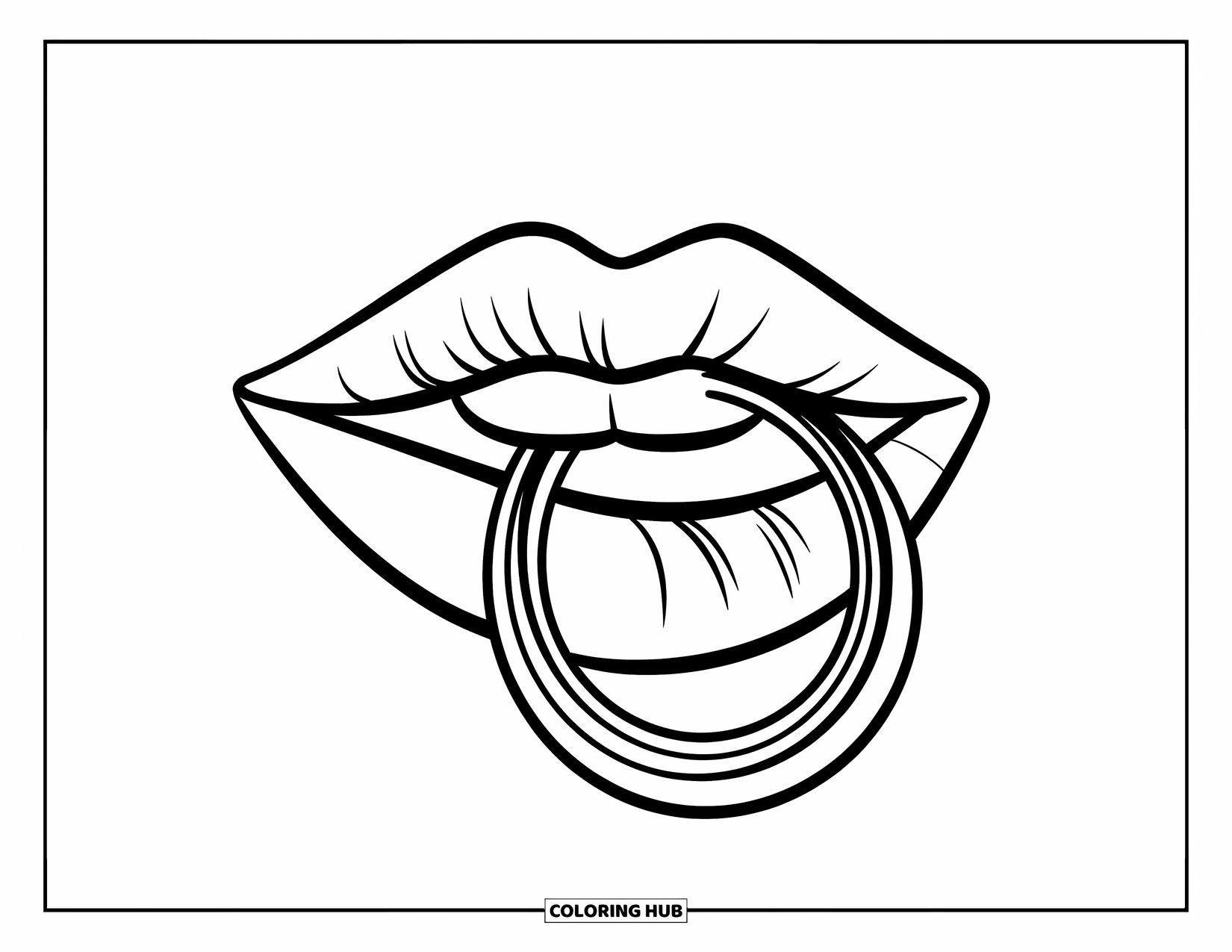 Lips Coloring Page for Kids: Glossy lips with a hoop ring and a simple, bright background
