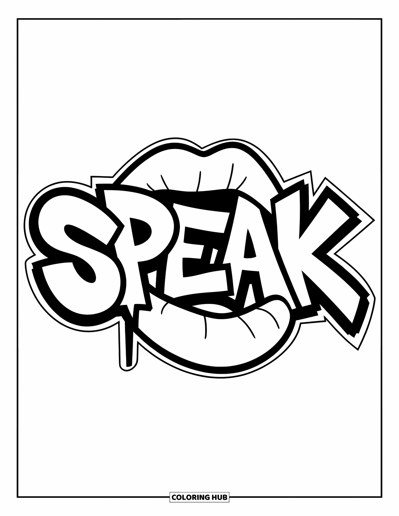 Lips Coloring Page for Kids: Lips and graffiti letters combined in a bold, modern street style