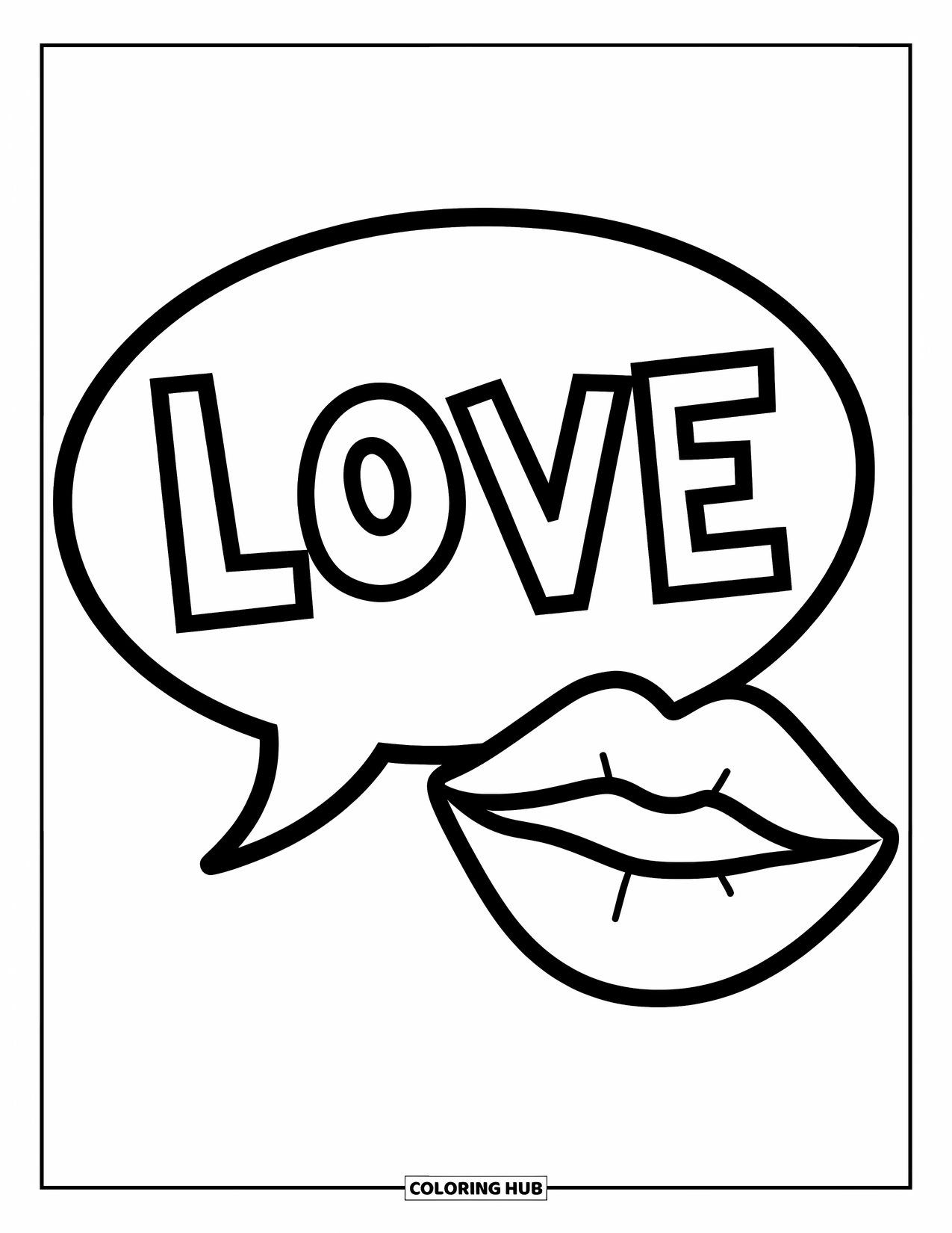 Lips Coloring Page for Kids: Lips beside a speech bubble that says "LOVE"
