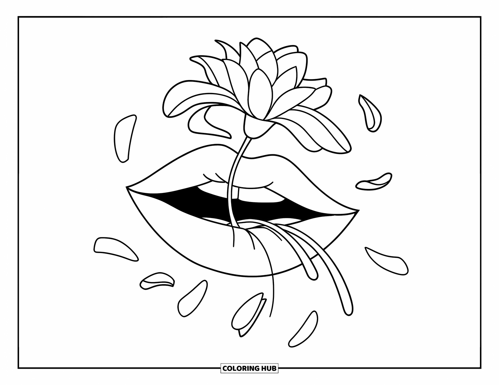 Lips Coloring Page for Kids: Lips holding a flower stem with petals softly falling away