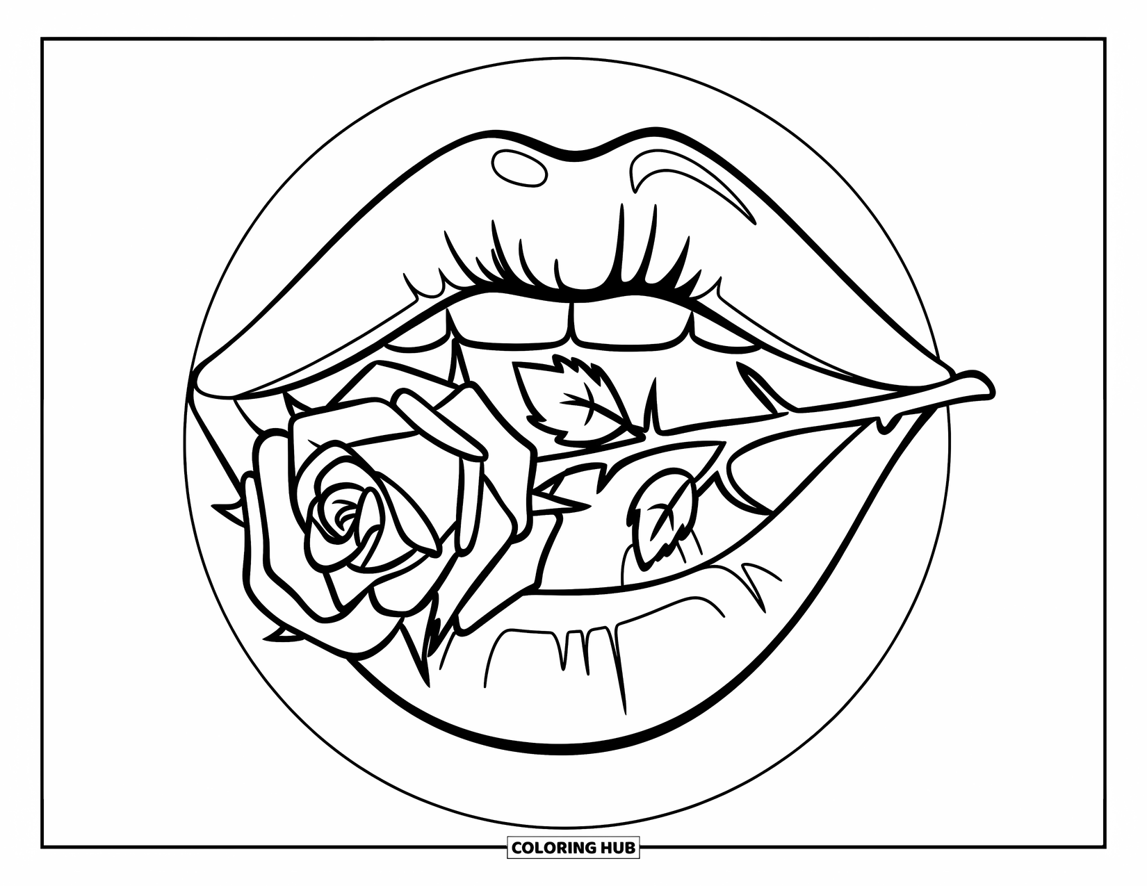 Lips Coloring Page for Kids: Lips holding a rose, drawn with bold lines and a calm circular frame