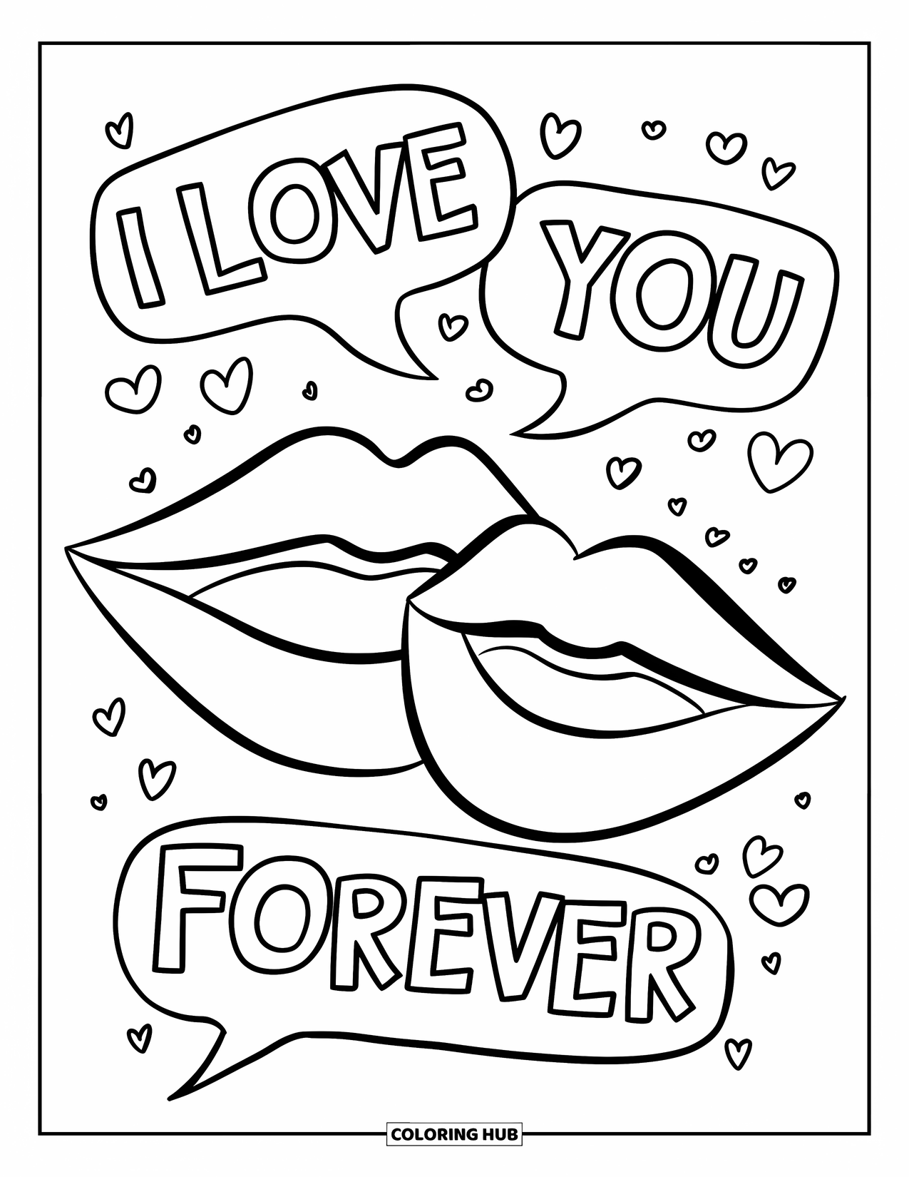 Lips Coloring Page for Kids: Lips leaning close, whispering "I love you" in tiny speech bubbles