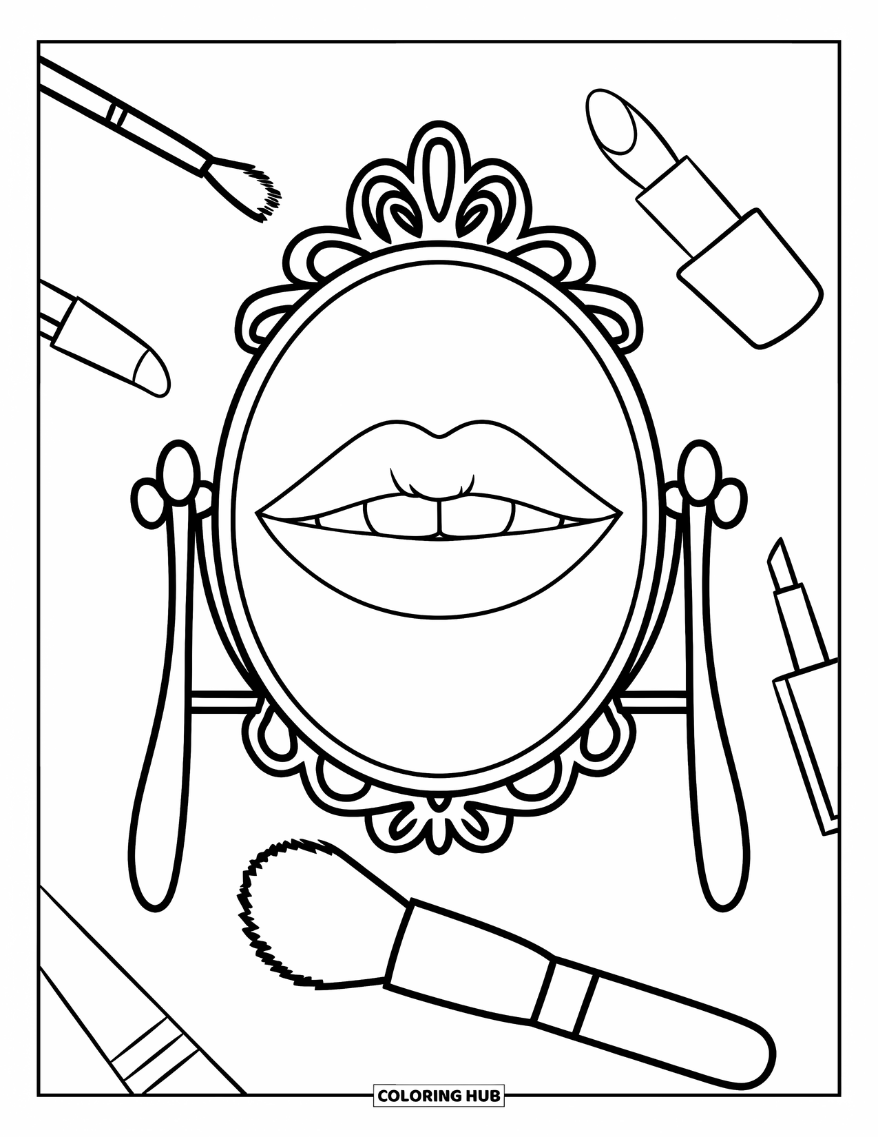 Lips Coloring Page for Kids: Lips reflected in a mirror framed by simple beauty accessories