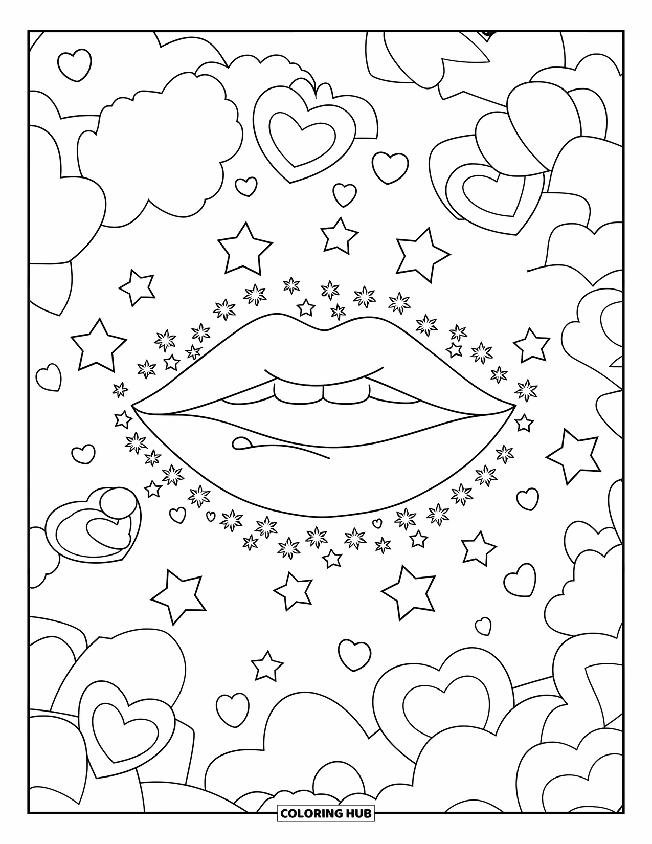 Lips Coloring Page for Kids: Lips surrounded by stars and hearts in a dreamy sky setting