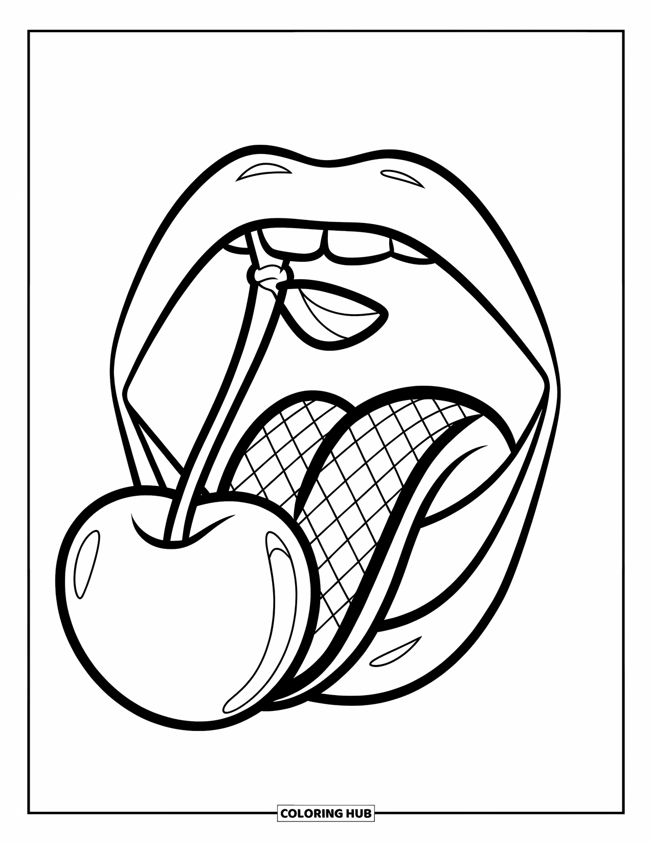 Lips Coloring Page for Kids: Open mouth with a cherry inside and a patterned tongue below
