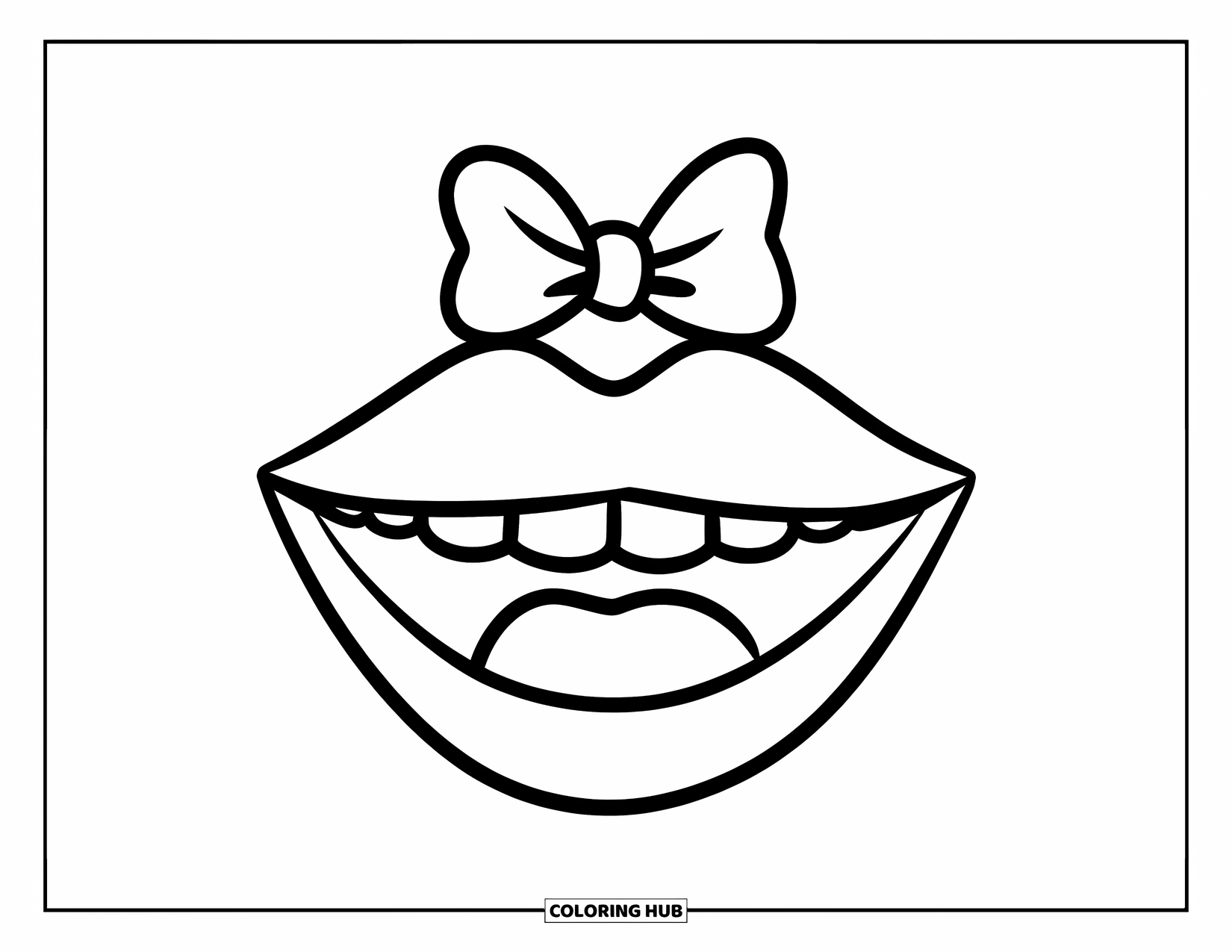 Lips Coloring Page for Kids: Smiling lips with a cute bow on top and a cheerful vibe