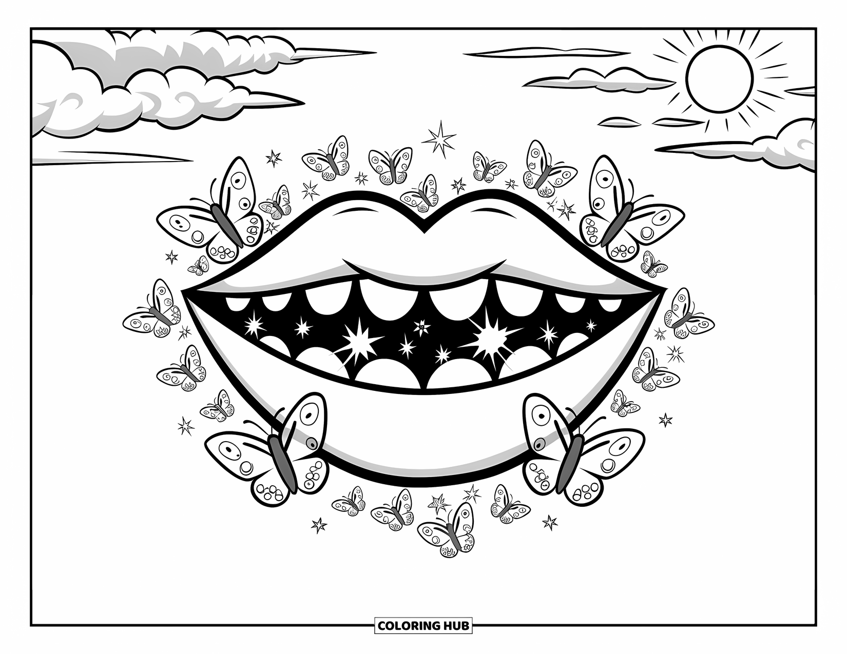 Lips Coloring Page for Kids: Stylized lips with butterflies and sunlight breaking through soft clouds