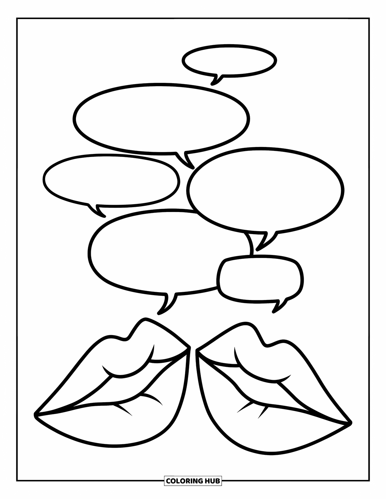 Lips Coloring Page for Kids: Whispering lips with curved text bubbles hovering playfully above