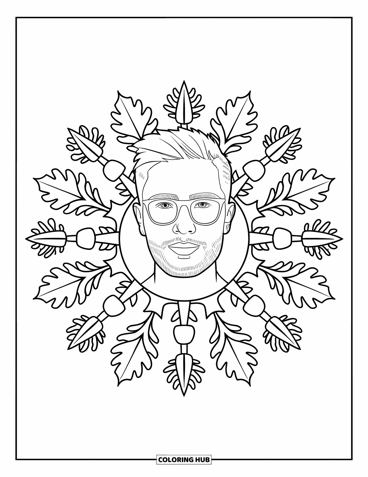 Man Coloring Page for Adults: A bearded man with glasses sits within a mandala of oak leaves and acorns