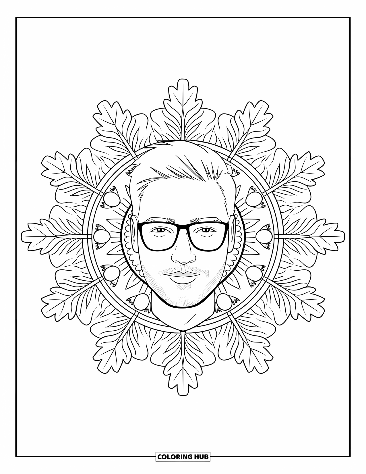 Man Coloring Page for Adults: A calm man with glasses and a beard is framed by an oak leaf and acorn mandala
