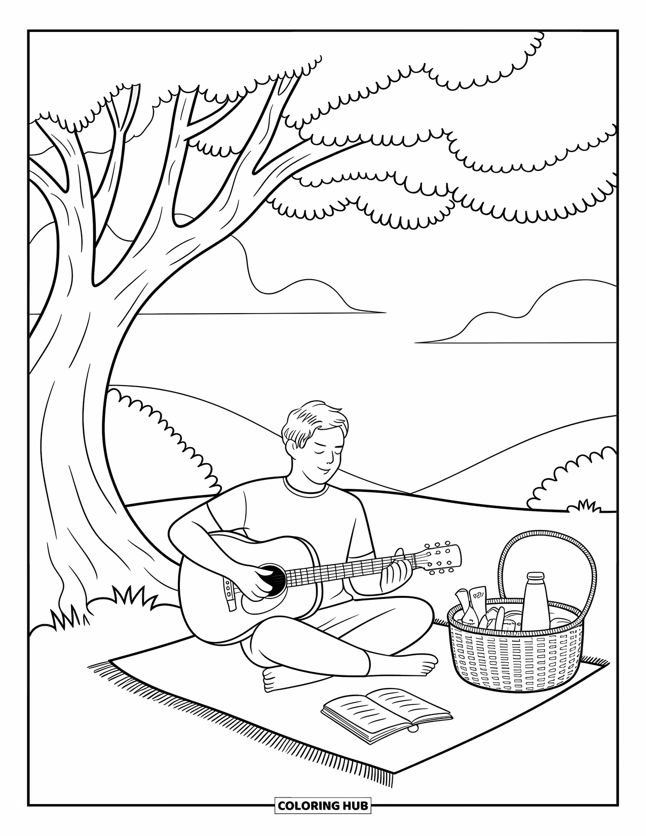 Man Coloring Page for Adults: A calm scene shows a man strumming his guitar beneath a leafy tree