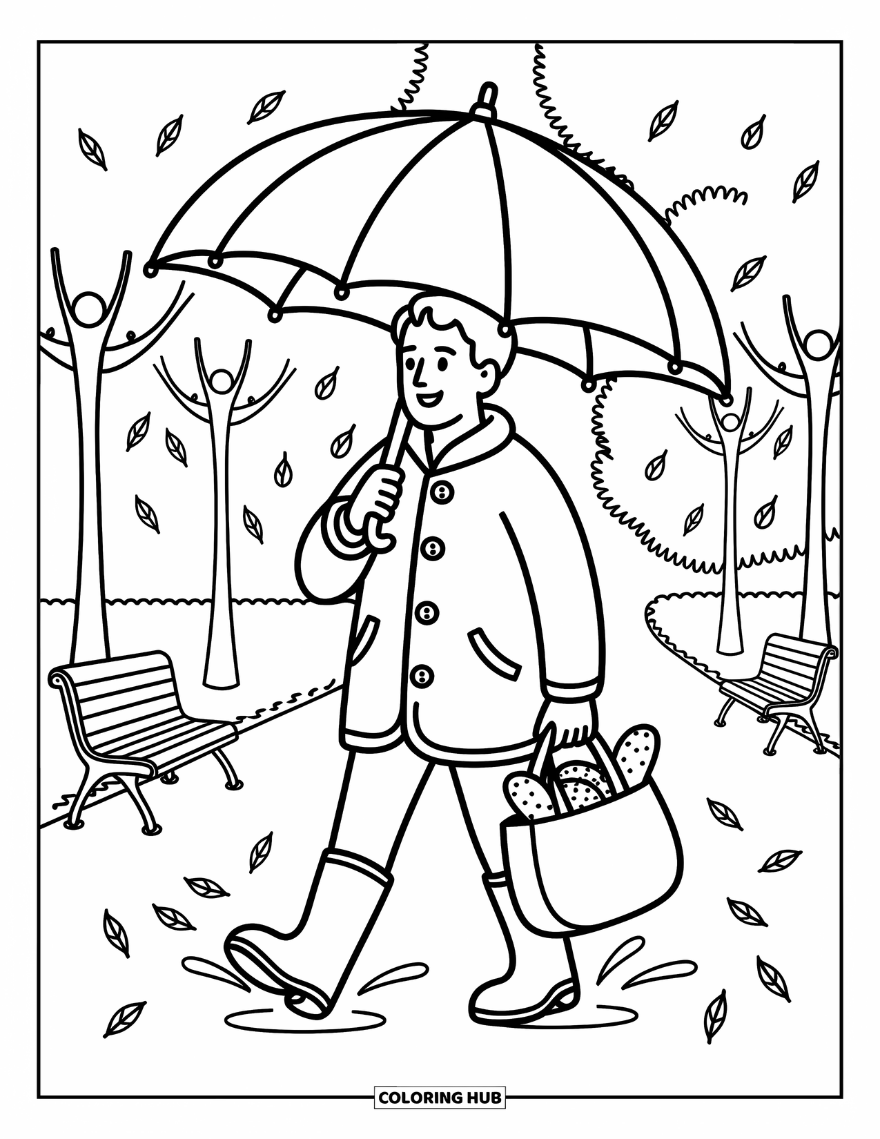 Man Coloring Page for Adults: A cheerful man walks in the rain with pastries peeking from his tote bag