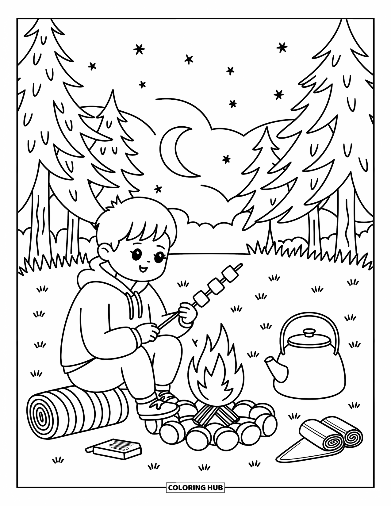 Man Coloring Page for Adults: A cozy camper roasts marshmallows beside his tent and lantern at dusk