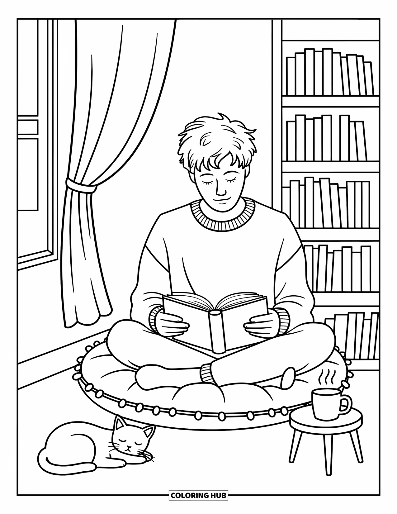 Man Coloring Page for Adults: A cozy reader sits by a window with a cat and warm cup of tea