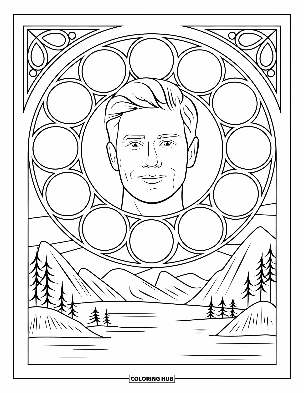Man Coloring Page for Adults: A gentle man smiles within circular stained glass beside a mountain view